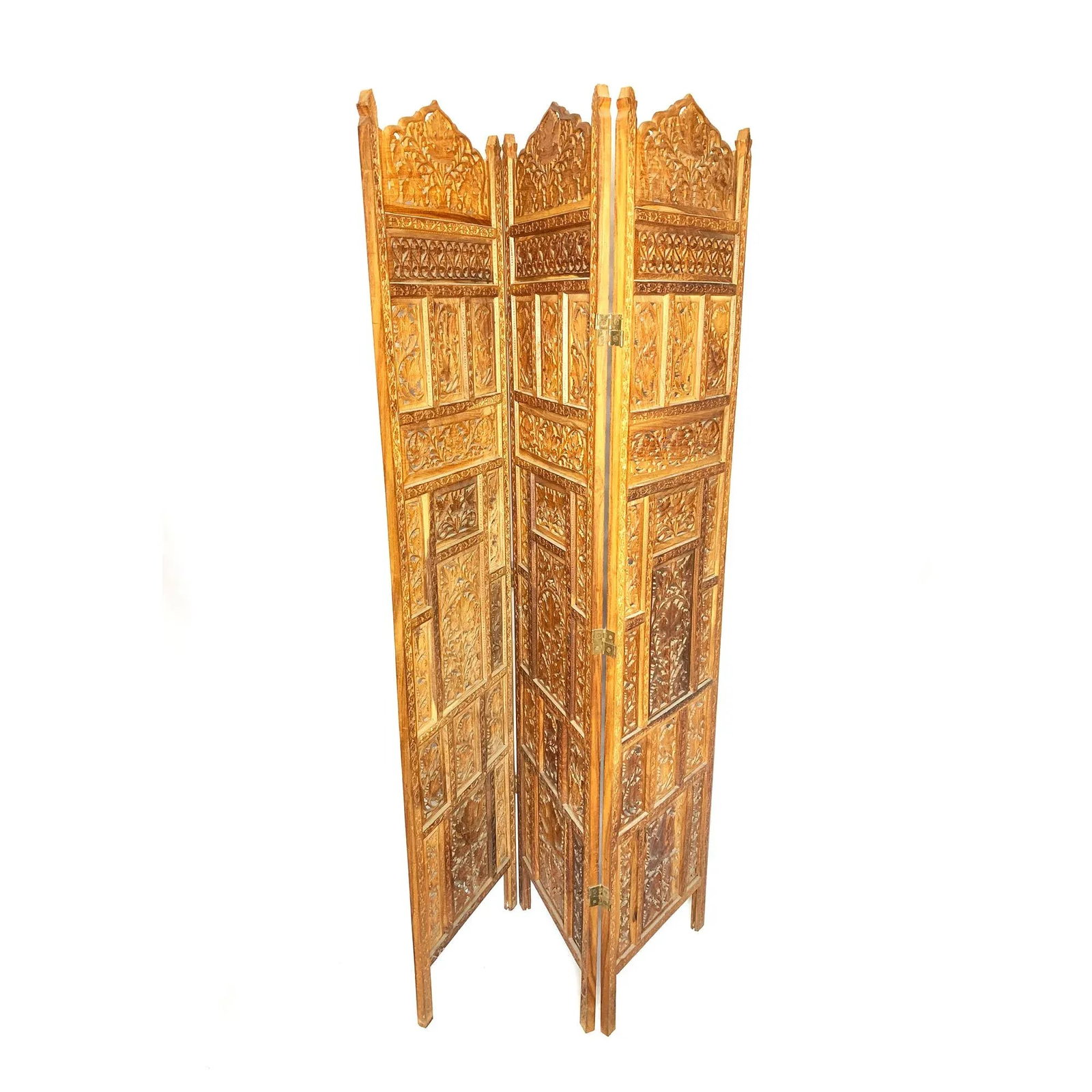 Indian Hand Carved Three Panel Wooden Screen - 3