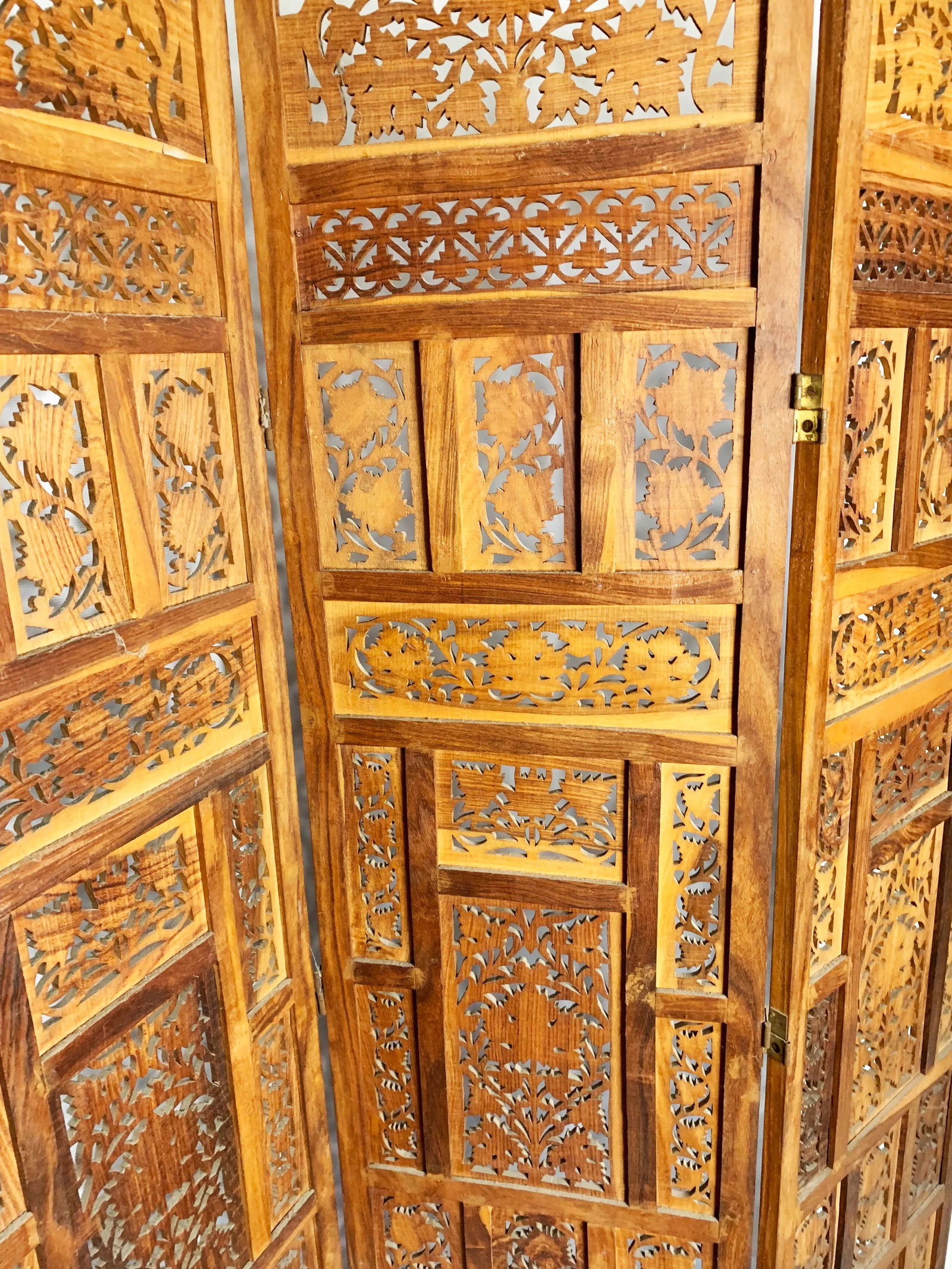 Indian Hand Carved Three Panel Wooden Screen - 4