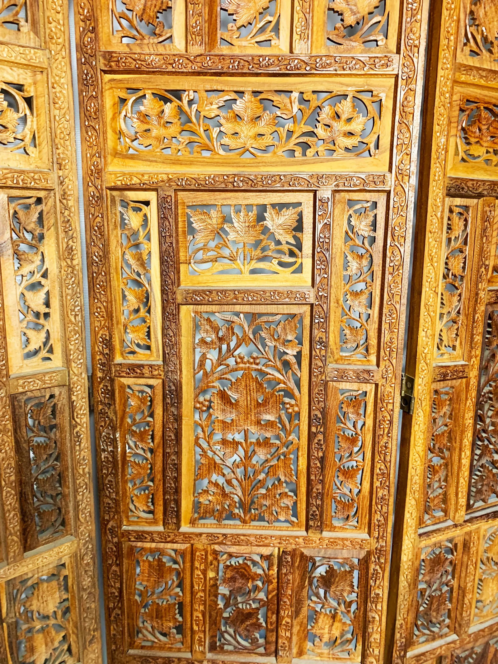 Indian Hand Carved Three Panel Wooden Screen - 5