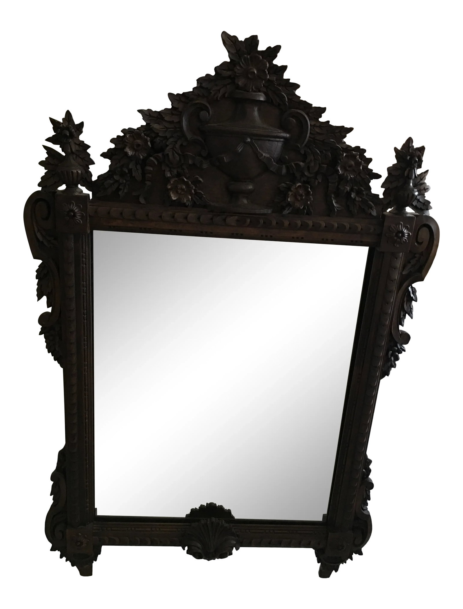 1960s LaBarge Italian Carved Wall Mirror: Exquisite carved mirror by La Barge . Dark walnut with Urn of flowers and shell motif . As elegant as can be. Signed on back. One part of the carving of a flower is missing . Look at the last picture 