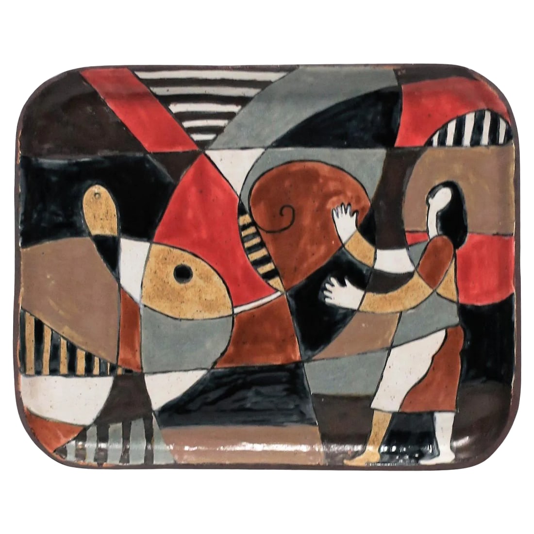 Abstract and Figural Pottery Artwork Tray: A very beautiful pottery artwork tray with abstract and figural design. Colors include: Black, white, red/burgundy/ox blood, grey, tan, and brown. Matte underside, please see image #9. A beautiful
