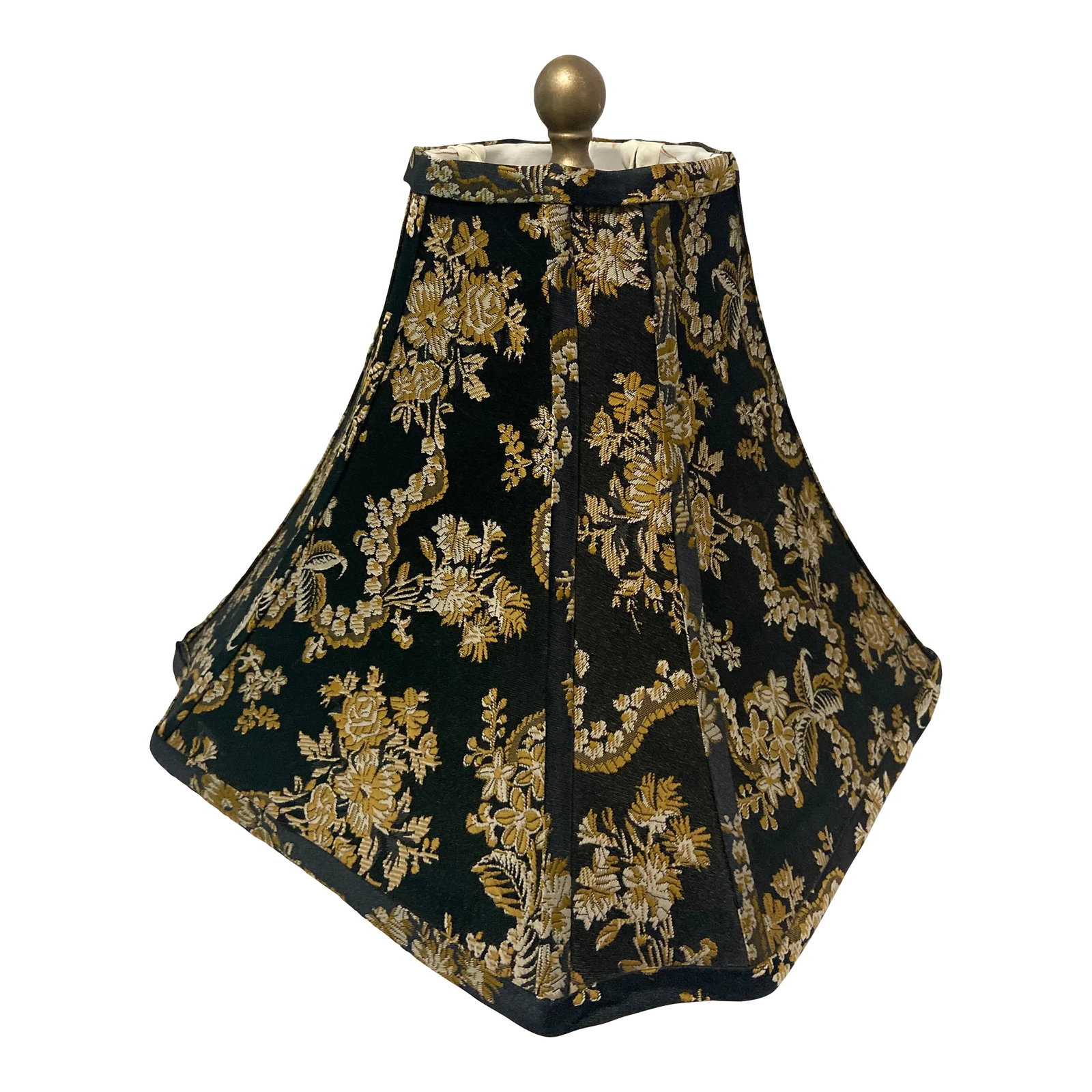 Mid Century Chinoiserie Asian Regency Silk Lamp Shade: Mid Century Chinoiserie Asian Silk Lamp Shade Done on a beautiful floral design In Black Gold This shade can welcome any decor eta And his is a very wanted shade and design With white satin interior.