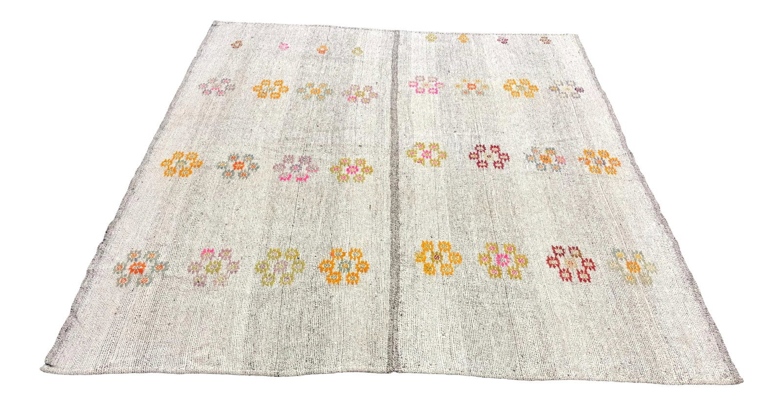1960s Vintage Original Wool Turkish Anatolian Kilim Area Rug - 6'11'' * 8'3'': This is a vintage wool Kilim rug. The piece was handmade in the 1960s. Condition: Alterations: Original Condition Unaltered Imperfections: Some Imperfections Condition Notes: Excellent Origin: Turkey