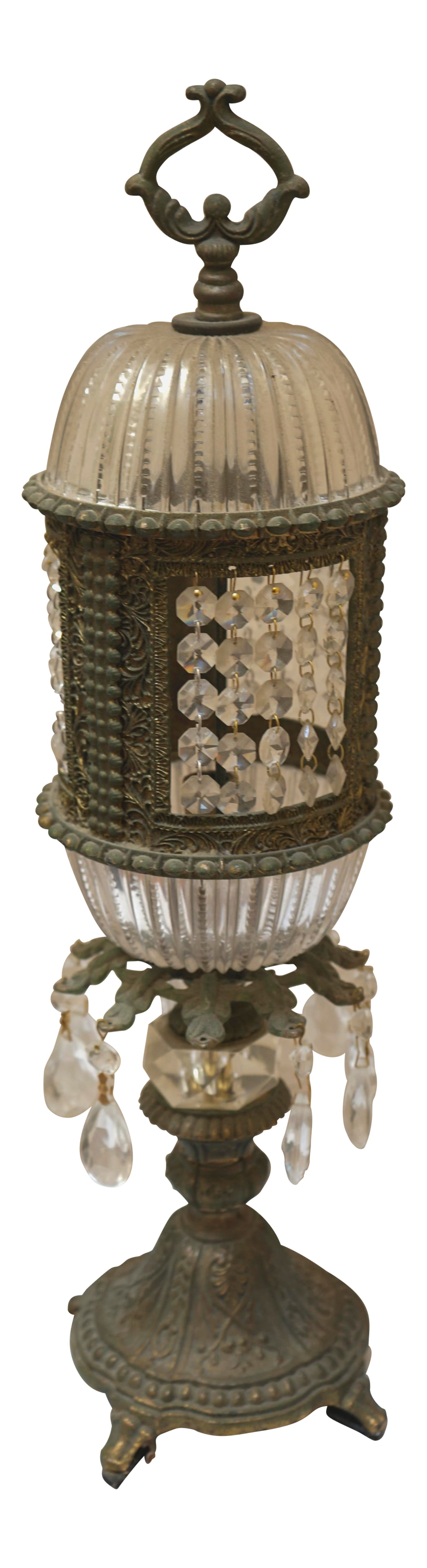 1915 Antique Bronze Art Nouveau German Crystal Prism Table Lamp: I love this gem of a lamp that was handmade in Germany. I bought it at an auction, and I had it completely rewired. Beneath the oxidized patina, a detailed beaded pattern is visible. There was a