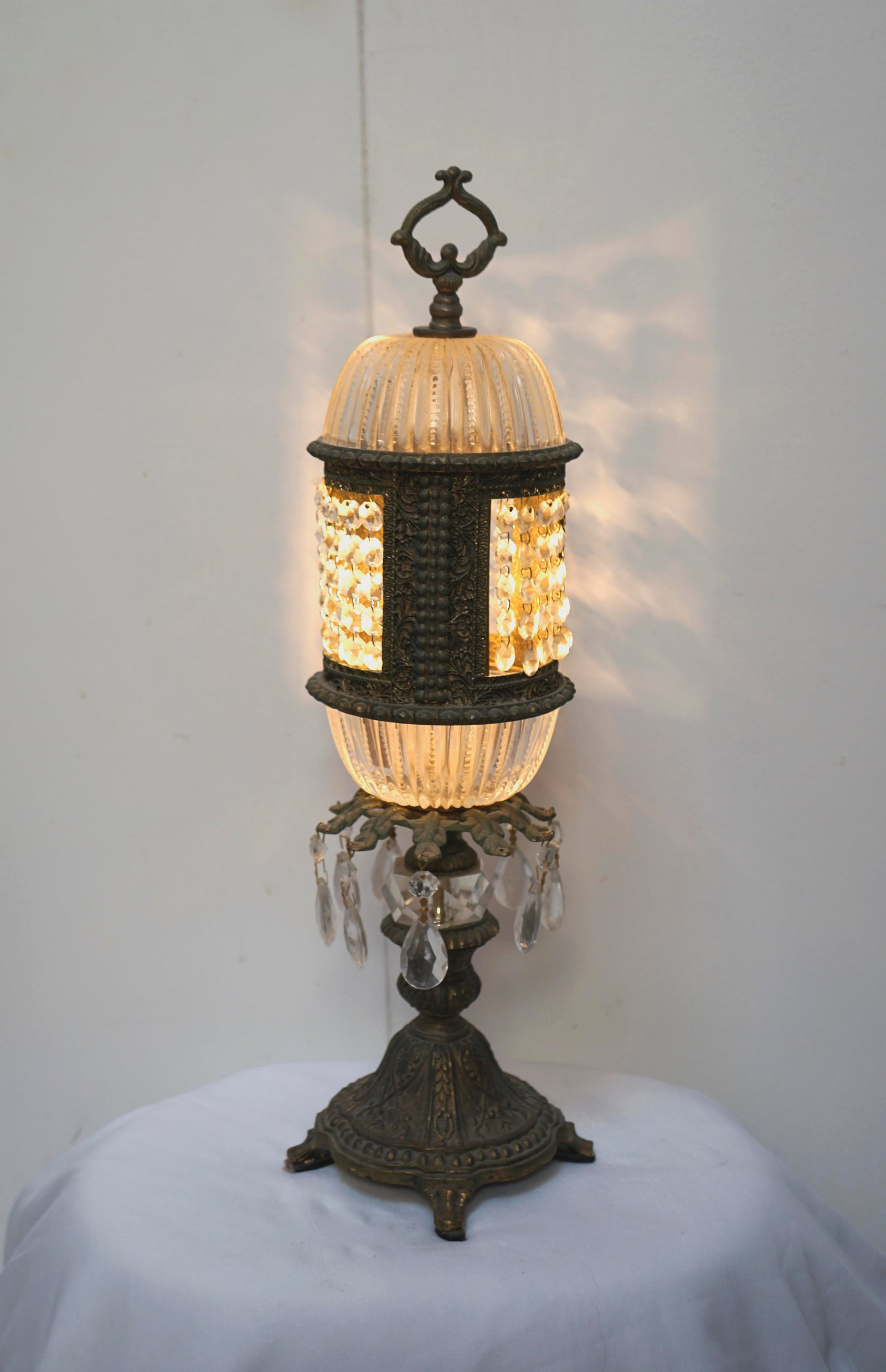 1915 Antique Bronze Art Nouveau German Crystal Prism Table Lamp - 2
