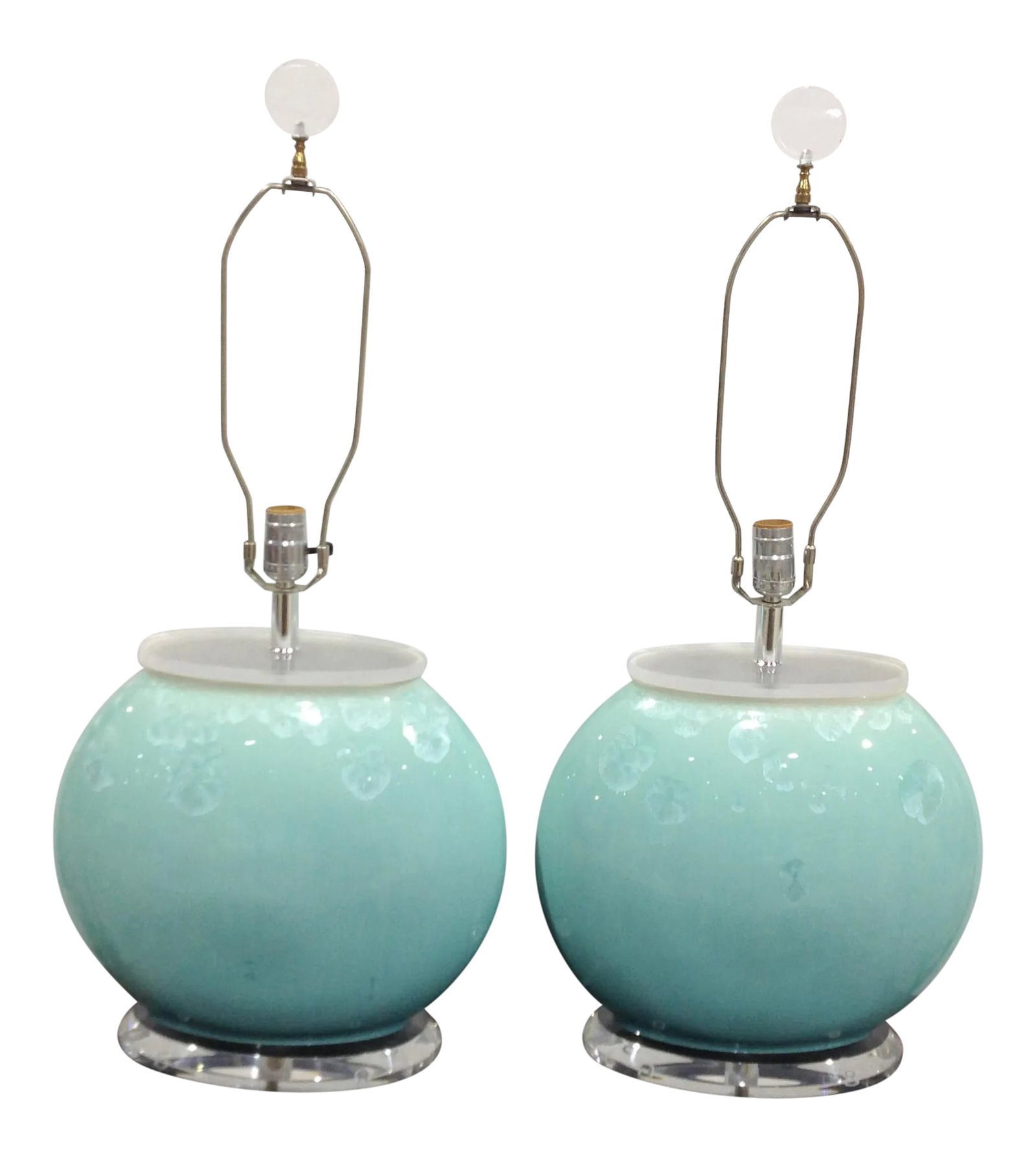 Vintage R. Dittmen Modern Blue Lucite Crystalline Glaze Ceramic Lamps - a Pair: Stunning vintage lamps designed and signed by R. Dittmen. Modern lucite crystalline glaze ceramic in a mesmerizing shade of soft blue. A perfect pair for any room's decor. The height is 31" is from th