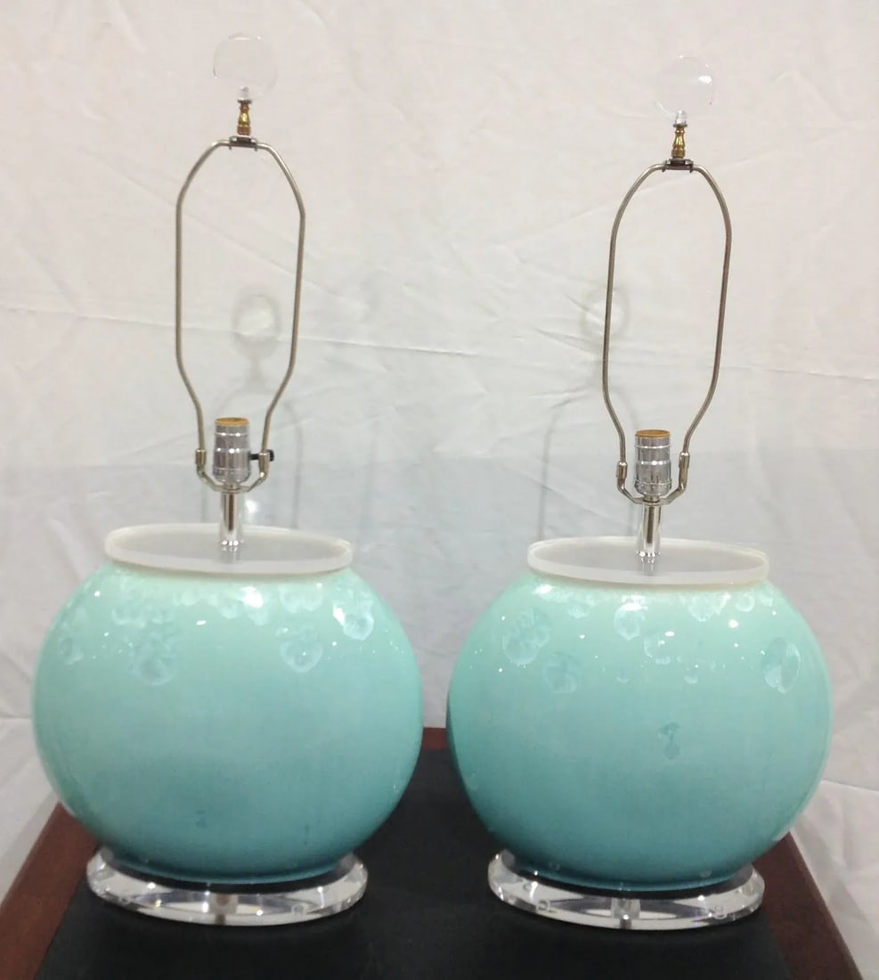 Vintage R. Dittmen Modern Blue Lucite Crystalline Glaze Ceramic Lamps - a Pair - 9