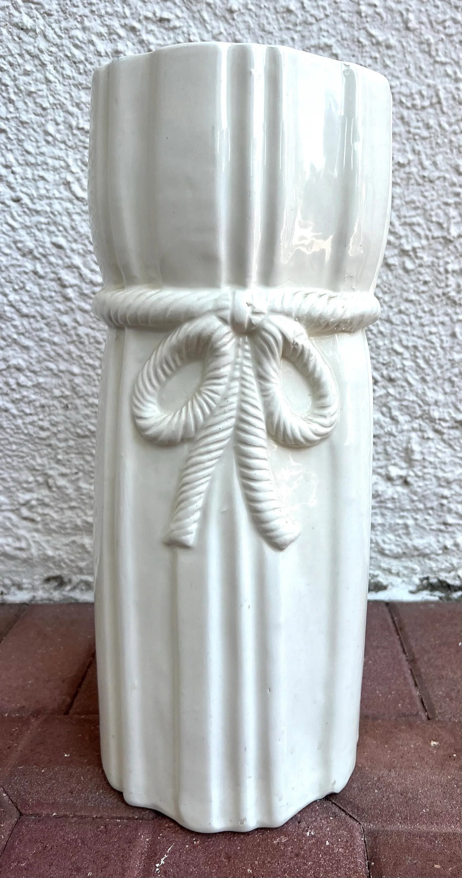 Vintage White Porcelain Trompe l'Oeil Tassel Umbrella Stand - 4