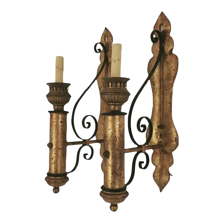Vintage Spanish Revival Wall Lights Sconces - a Pair: This beautiful set are from the 50s-60s. They all hand built with iron metal and gold leaf. They have a beautiful old surface, super light weight (about 3lb of weight each ) and in working condition.