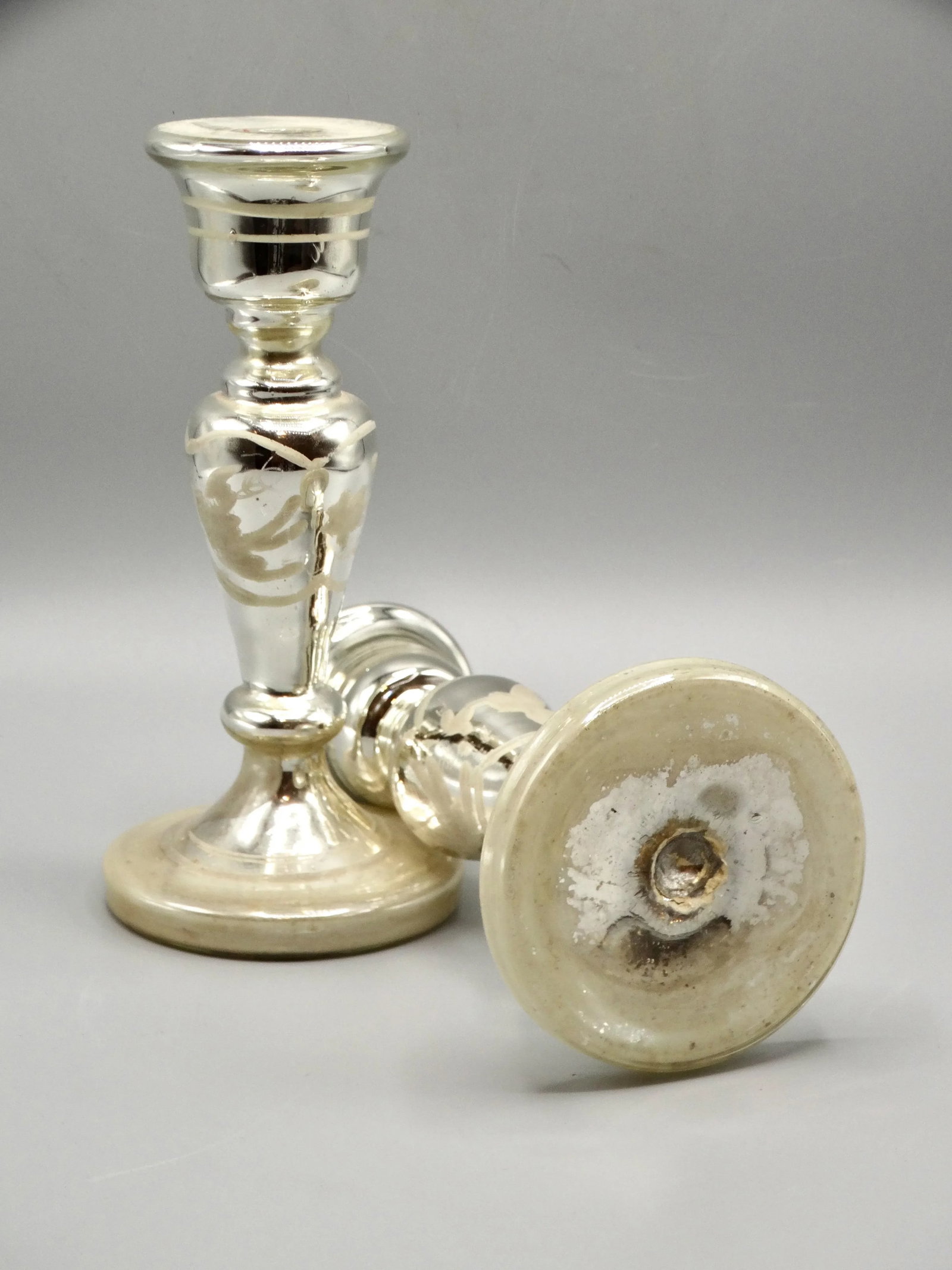 Antique Mercury Glass Candlesticks, a Pair - 5