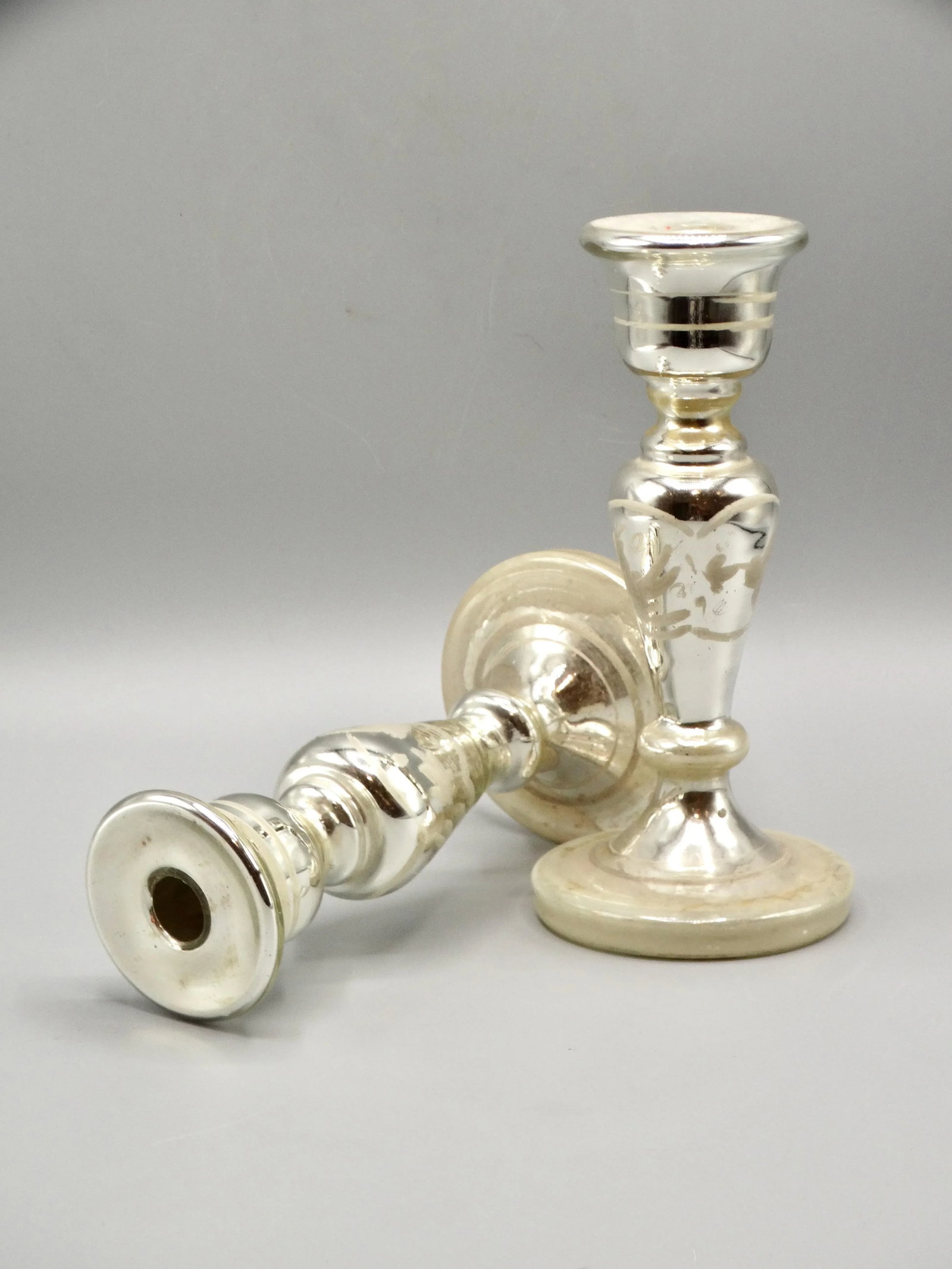 Antique Mercury Glass Candlesticks, a Pair - 6