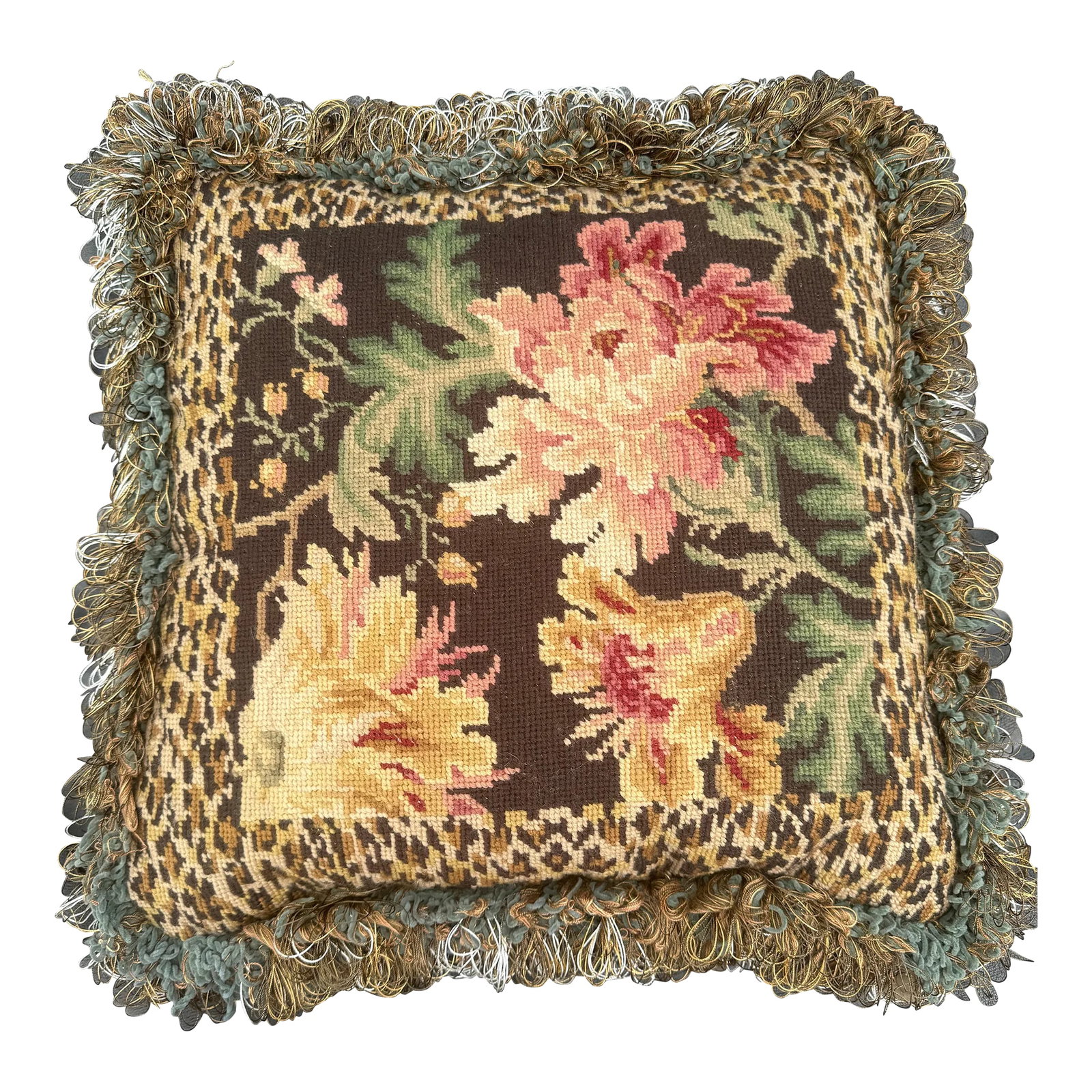Vintage Floral Needlepoint Pillow: 18"x 18" needlepoint pillow with 2 layers of trim, velvet back with zipper, poly filled insert. Floral design with leopard border. Condition: Alterations: Original Condition Unaltered Imperfections: S