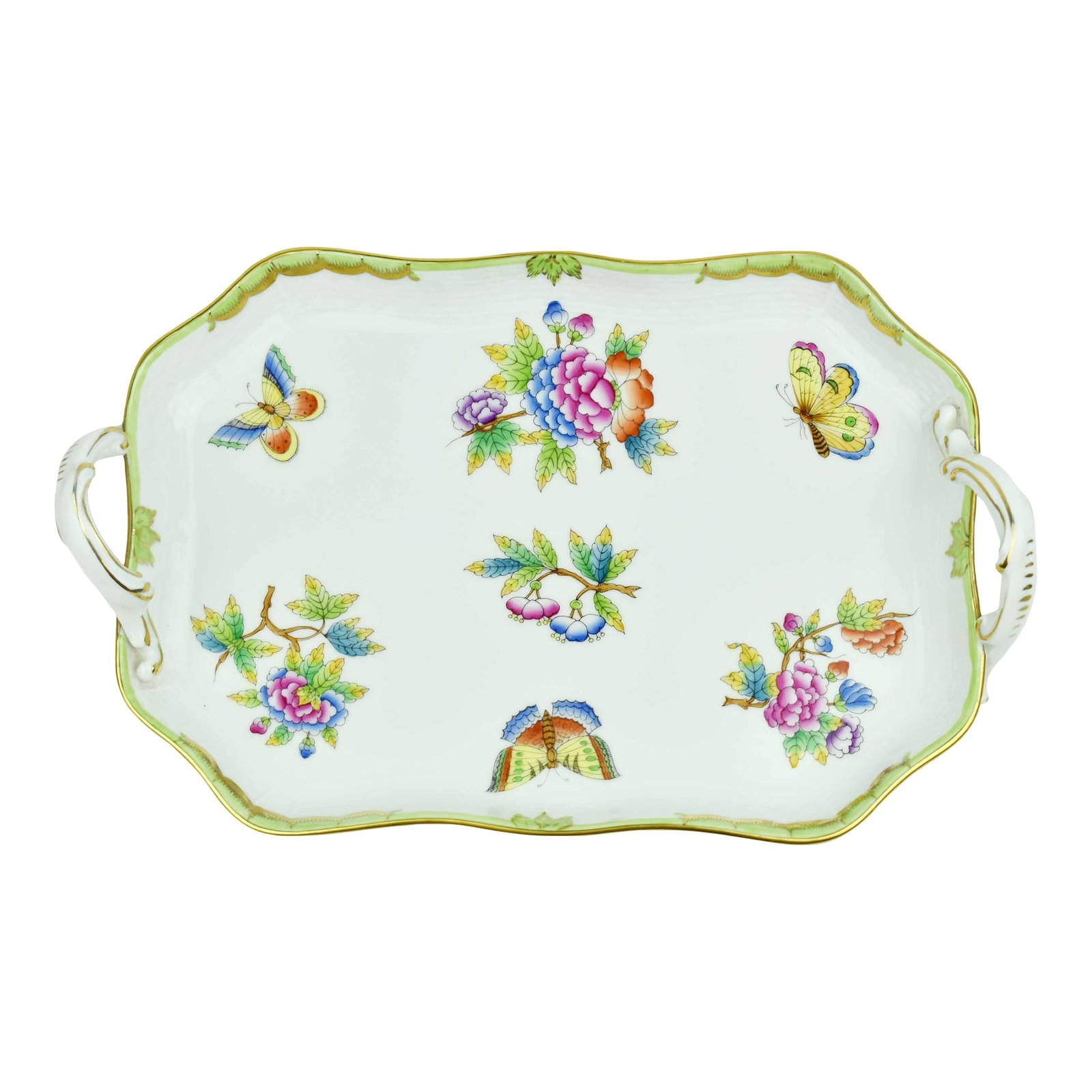 Hand Painted Herend Green Boarder Queen Victoria Pattern Tray With Handles Hungary: Since 1826, Herend has created timeless designs with unsurpassed craftsmanship and artistry. These exquisite treasures make lovely collectibles and heirlooms for generations to come. The Queen Victori