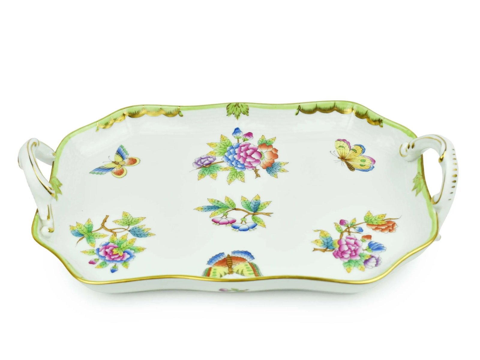 Hand Painted Herend Green Boarder Queen Victoria Pattern Tray With Handles Hungary - 2