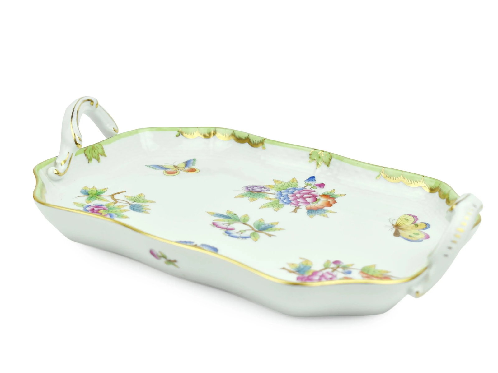 Hand Painted Herend Green Boarder Queen Victoria Pattern Tray With Handles Hungary - 3
