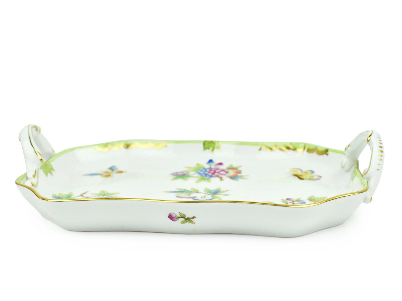 Hand Painted Herend Green Boarder Queen Victoria Pattern Tray With Handles Hungary - 4