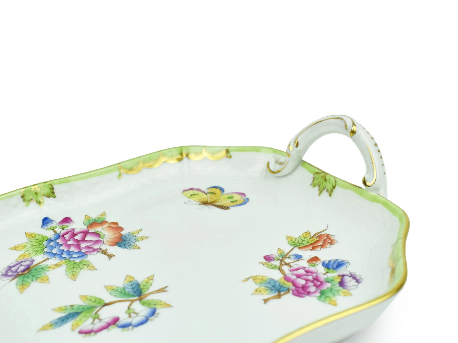 Hand Painted Herend Green Boarder Queen Victoria Pattern Tray With Handles Hungary - 5