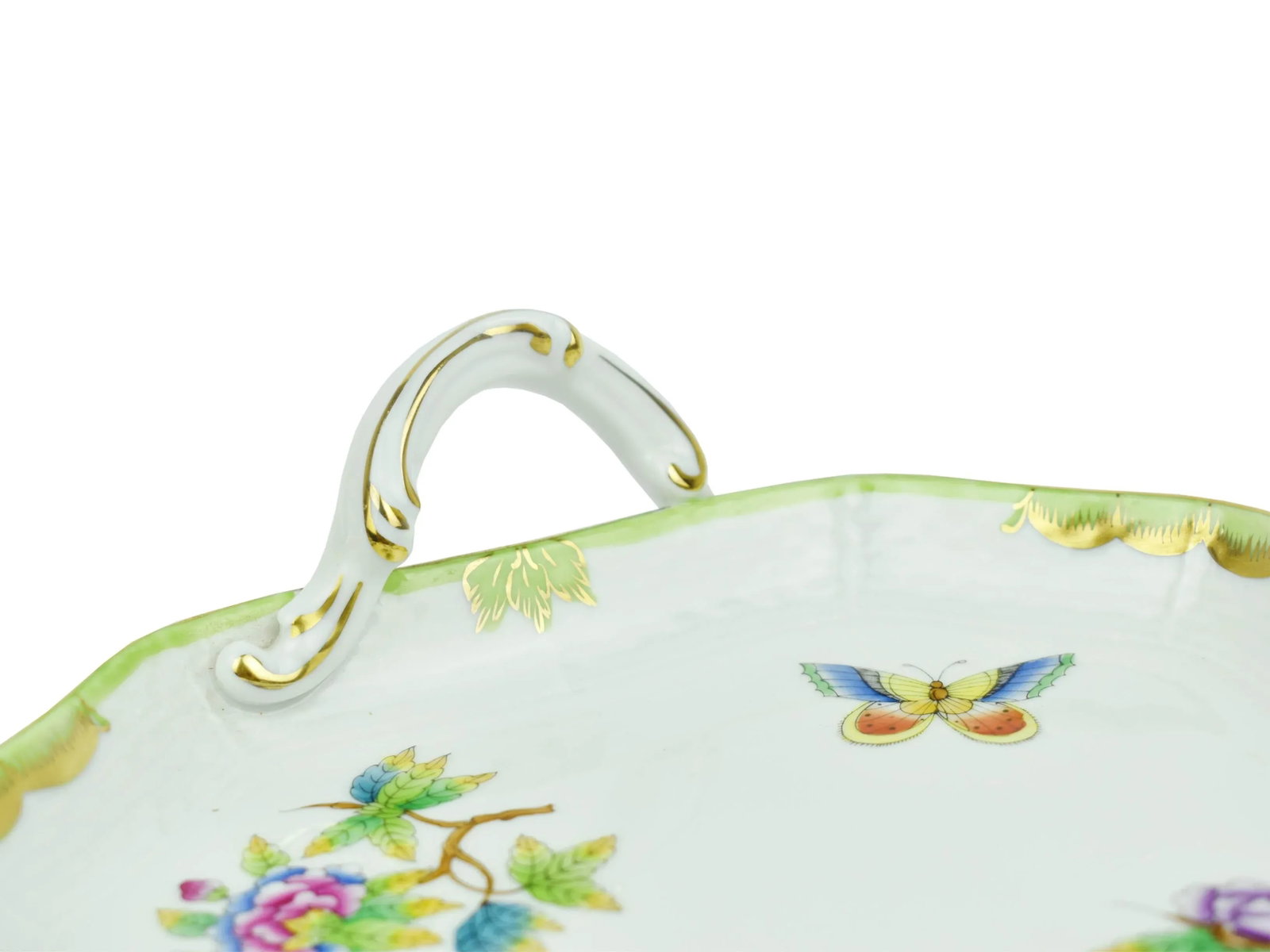 Hand Painted Herend Green Boarder Queen Victoria Pattern Tray With Handles Hungary - 6