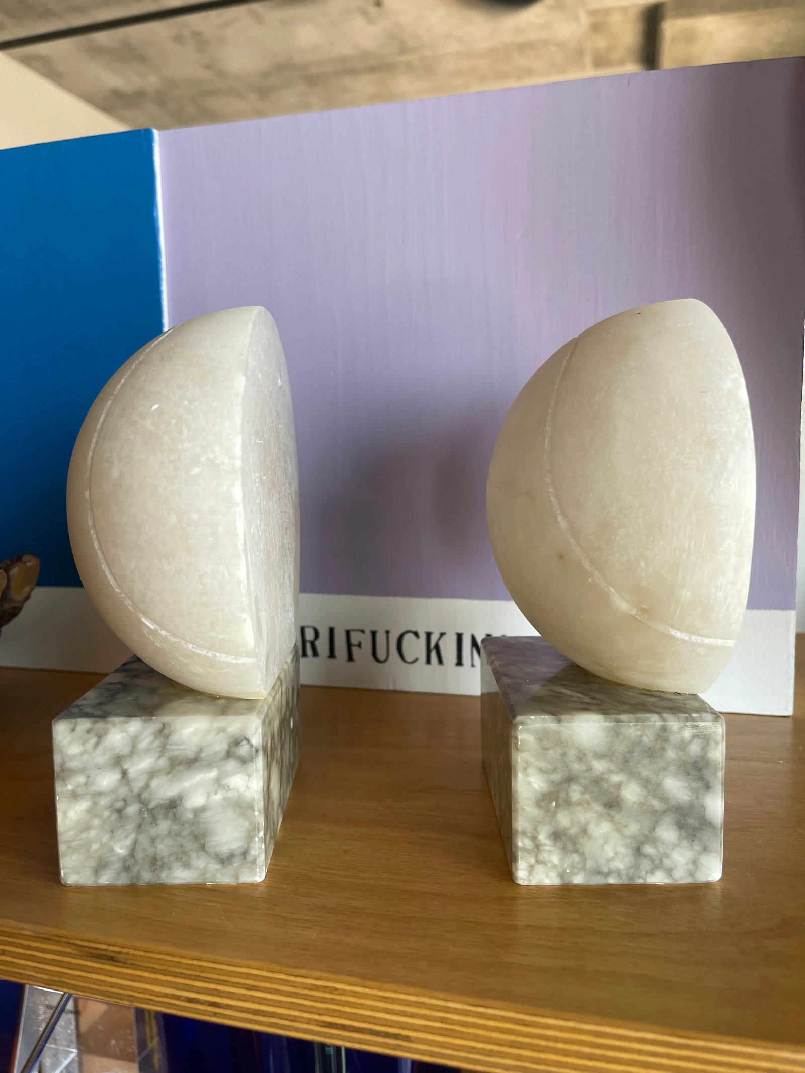 Space Age Vintage Italian Marble Alabaster Tennis Ball Bookends Carved Stone - 7