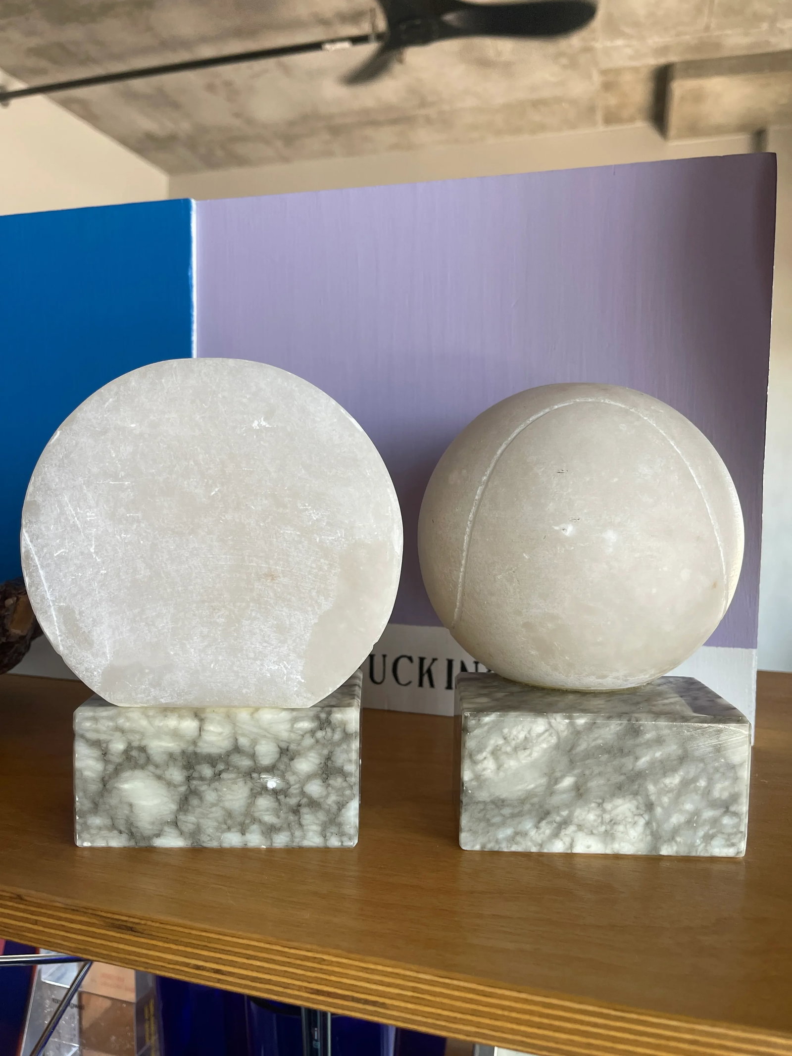 Space Age Vintage Italian Marble Alabaster Tennis Ball Bookends Carved Stone - 8