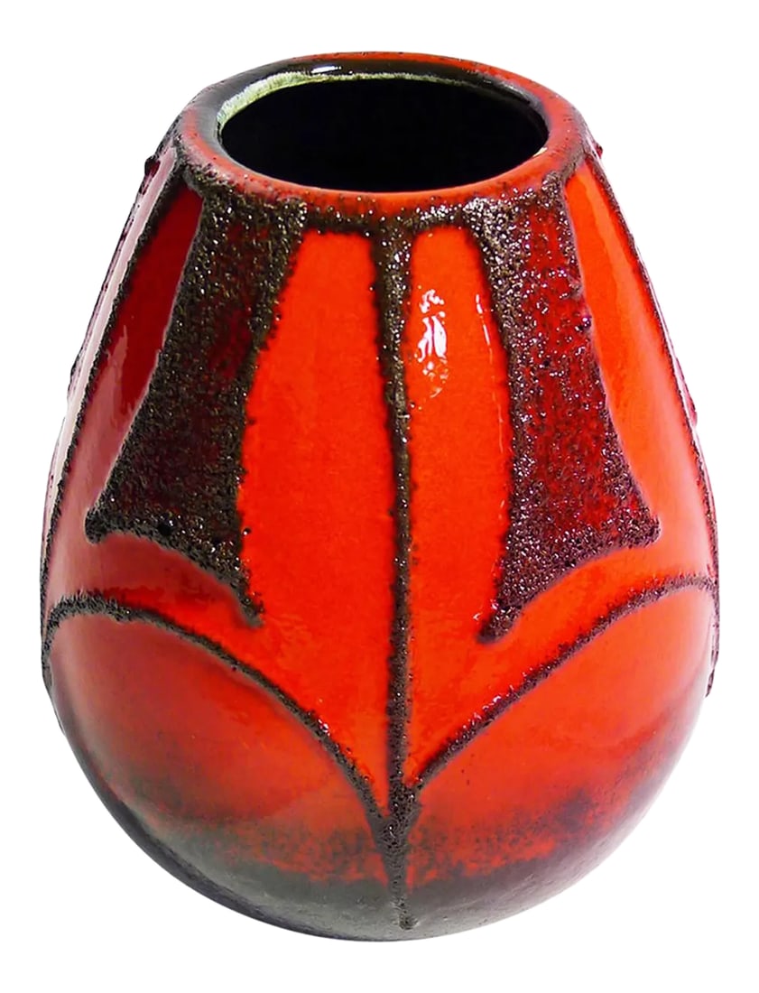Red German Modernist Vase With Black Lava Glaze: Red Modernist vase in a bright red glaze with black Lava glaze pattern. Marked 339-15 W. Germany. In excellent condition. Circa 1970s. Condition: Alterations: Unknown Imperfections: Some