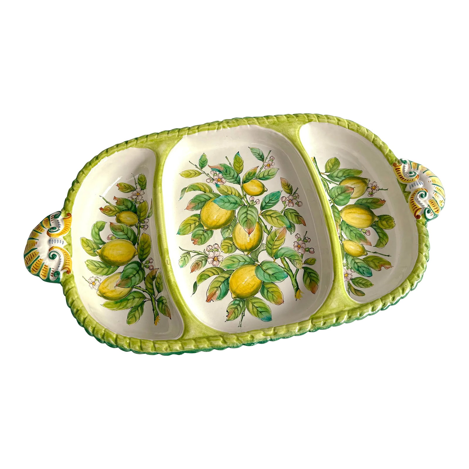Monumental Vintage Italian Serving Platter / Tray Featuring Hand Painted Lemons: La Dolce Vita! Massive hand-painted, Italian Majolica platter signed and numbered. Nearly 2 feet in diameter. Condition: Alterations: Original Condition Unaltered Imperfections: Some Imperfections