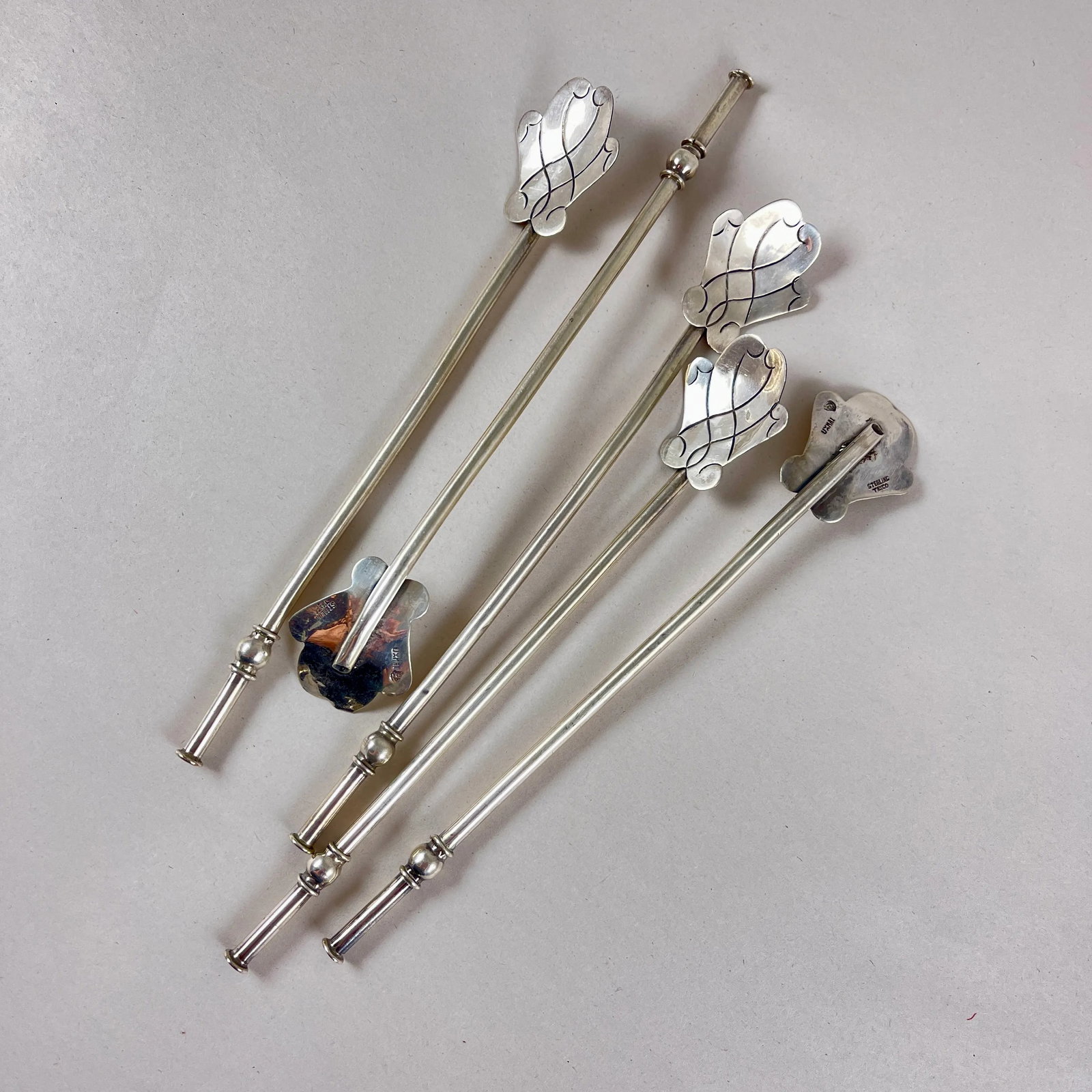Mexican Sterling Silver Highball or Iced Tea Sipping - Stirring Straws, Set of 5 - 6