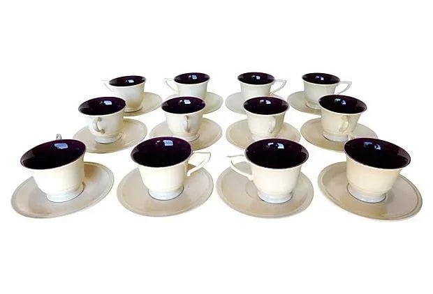 Mid-Century Franciscan "Montecito" Teacups - Service for 12: Set of twelve mid-century Montecito duo-tone coffee/ tea cups and saucers in oatmeal and maroon by California Franciscan maker Gladding McBean. Dates from 1940-1947. Originally offered by Barker