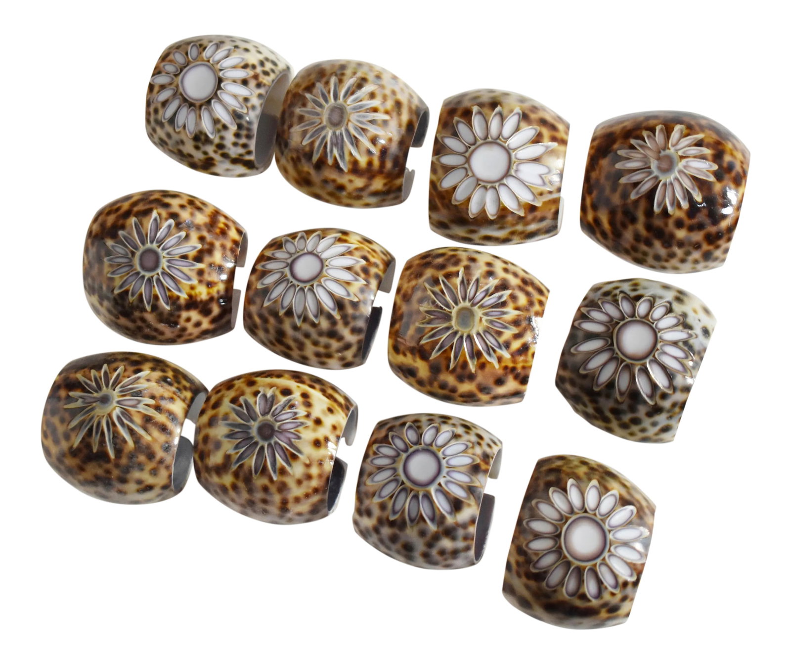 Hand Cut Natural Cowry Shell Napkin Ring Holder in Wooden Box - Set of 12: Hand Cut Natural Shell Napkin Ring Holder in Wooden Box Item Details: -Set of 12 -Hand Carved from Tiger cowrie shell -Hand Carved Wooden Box -Dimensions (approximately): Shell Ring 2" L x 2" w x 1" H