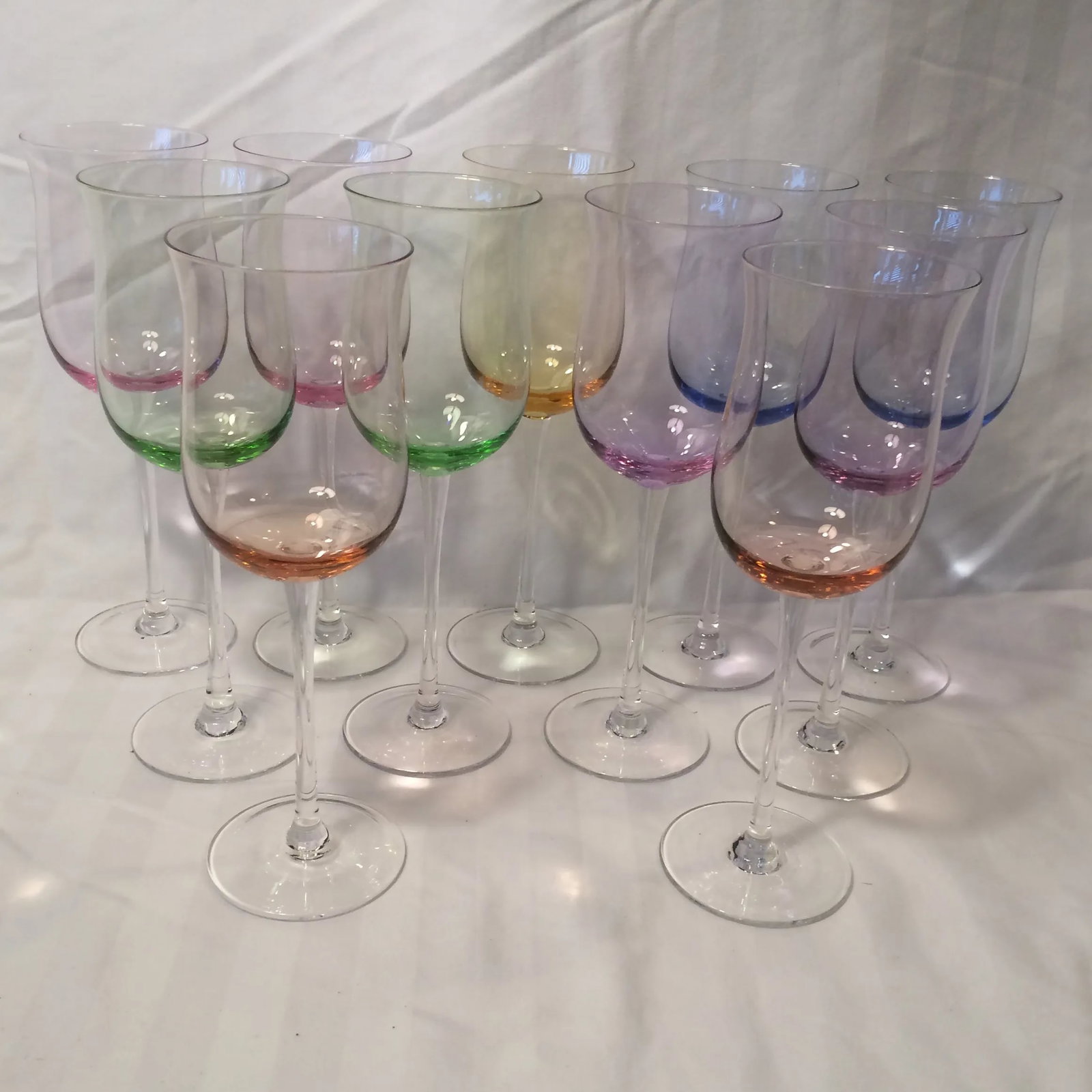 Italian Multi Colored Tall Stem Crystal Wine Glasses - Set of 11 - 13