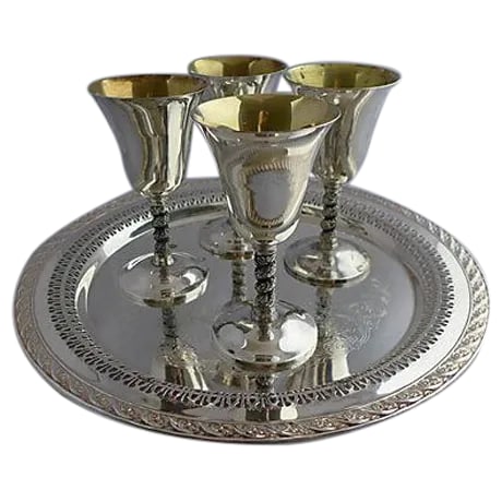 Vintage Silver Plated Stem & Tray - Set of 5: 5-Piece silver-plated ensemble wine service consisting of four twisted-stem wines and one round tray. Maker's mark reads "Spain (wine, 4-glasses), Wm. Rogers & Sons (tray)." Condition: Good; tarnish