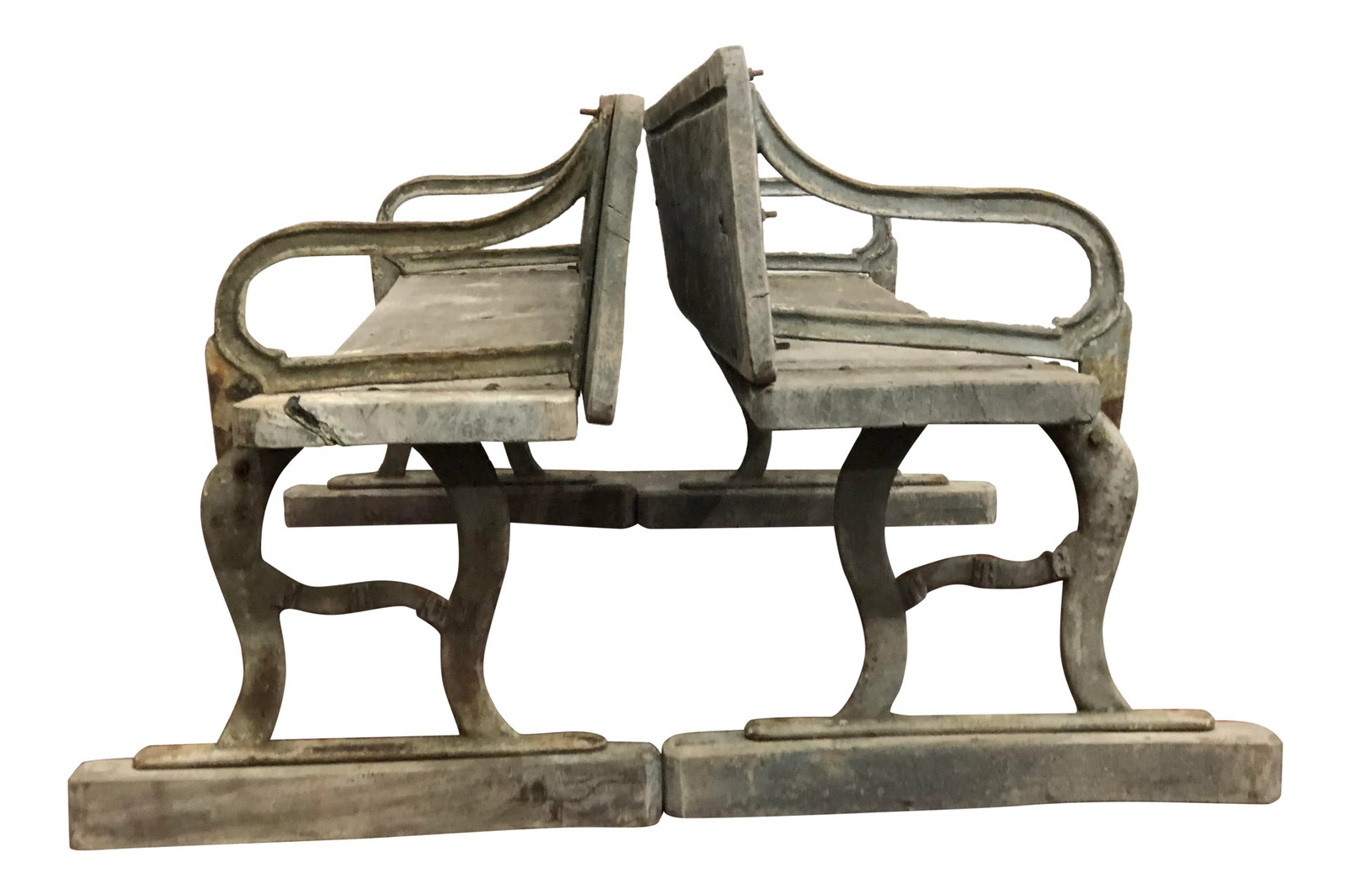 Early 20th Century Vintage American Benches- A Pair: A pair of early 1900's benches/school desks. Backs flip forward to become the desk top, operable. Iron supports, pale blue wooden seat and back Wear is consistent with age 72"width 27" tall 15.25"seat