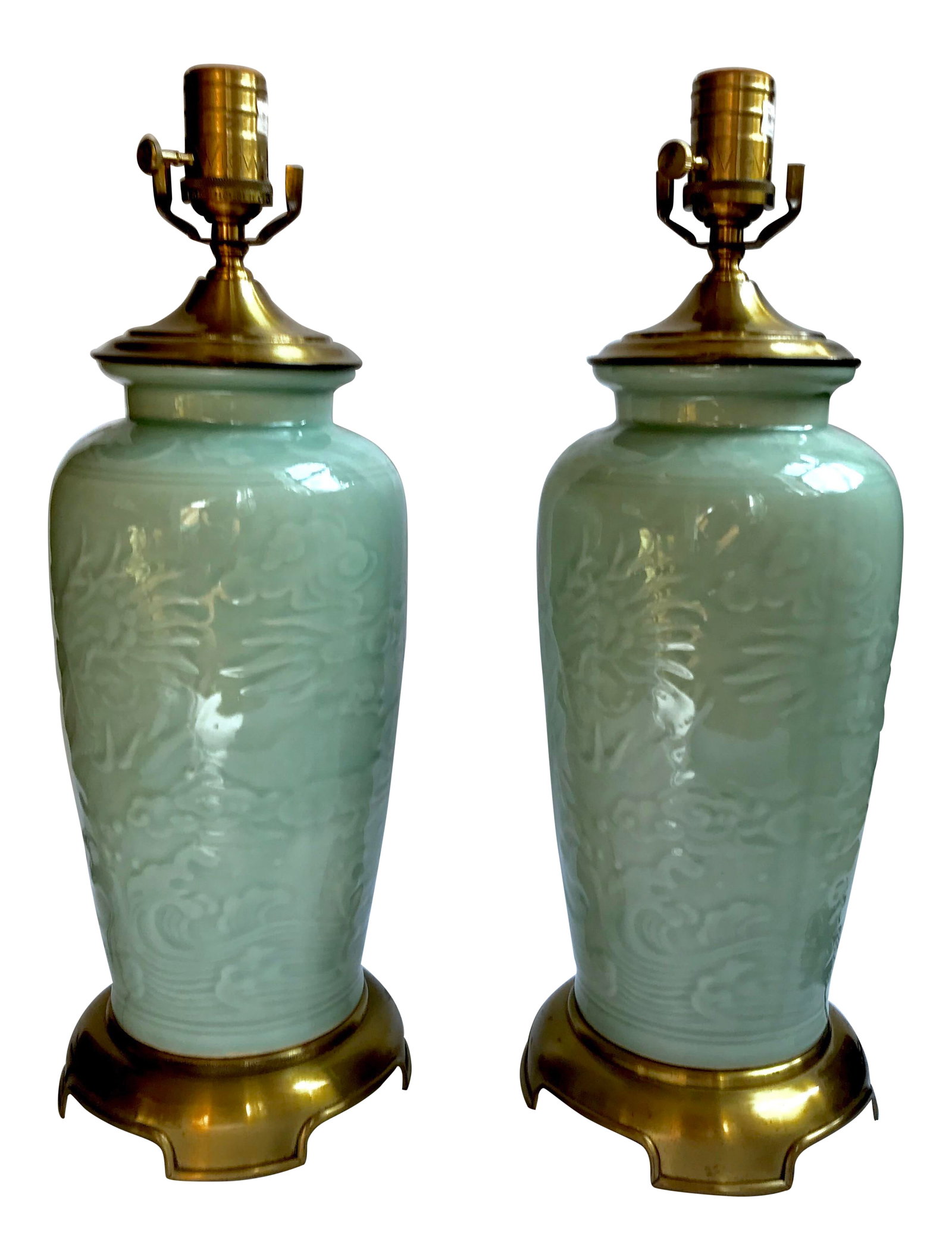 Vintage Wildwood Chinoiserie Celadon and Brass Lamps - a Pair: Gorgeous textured Celadon Chinoiserie Lamps made around the turn of this century by Wildwood. Beautiful and solid brass base and top. Classic style that is versatile, worldly and sophisticated.