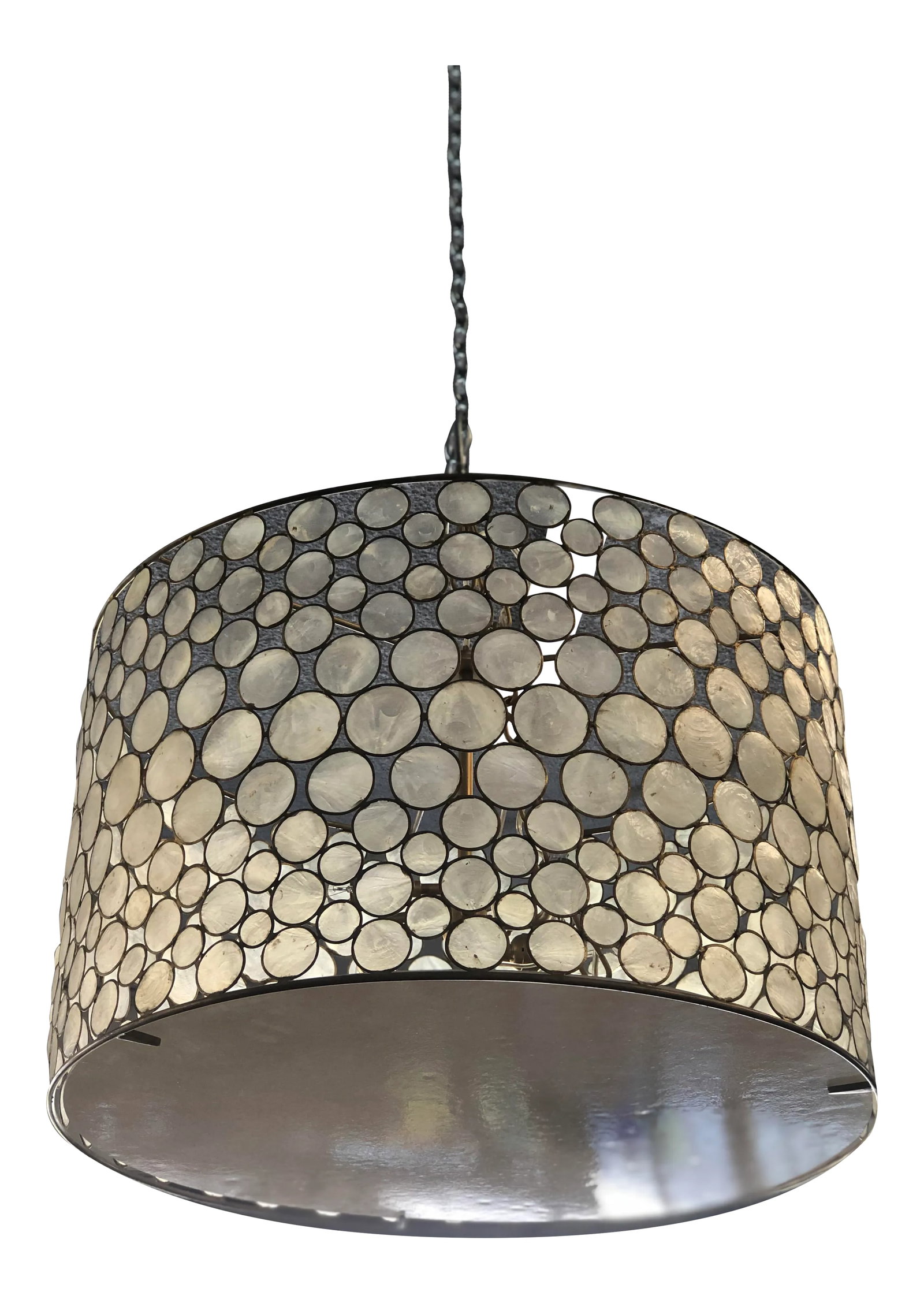 Mid-Century Modern Style Capiz Shell Chandelier: Handcrafted of naturally harvested seashells, this exclusive drum pendant lamp is fashioned from capiz discs framed with metallic gold wire. Each lustrous disc is hand-cut and delicately placed by exp