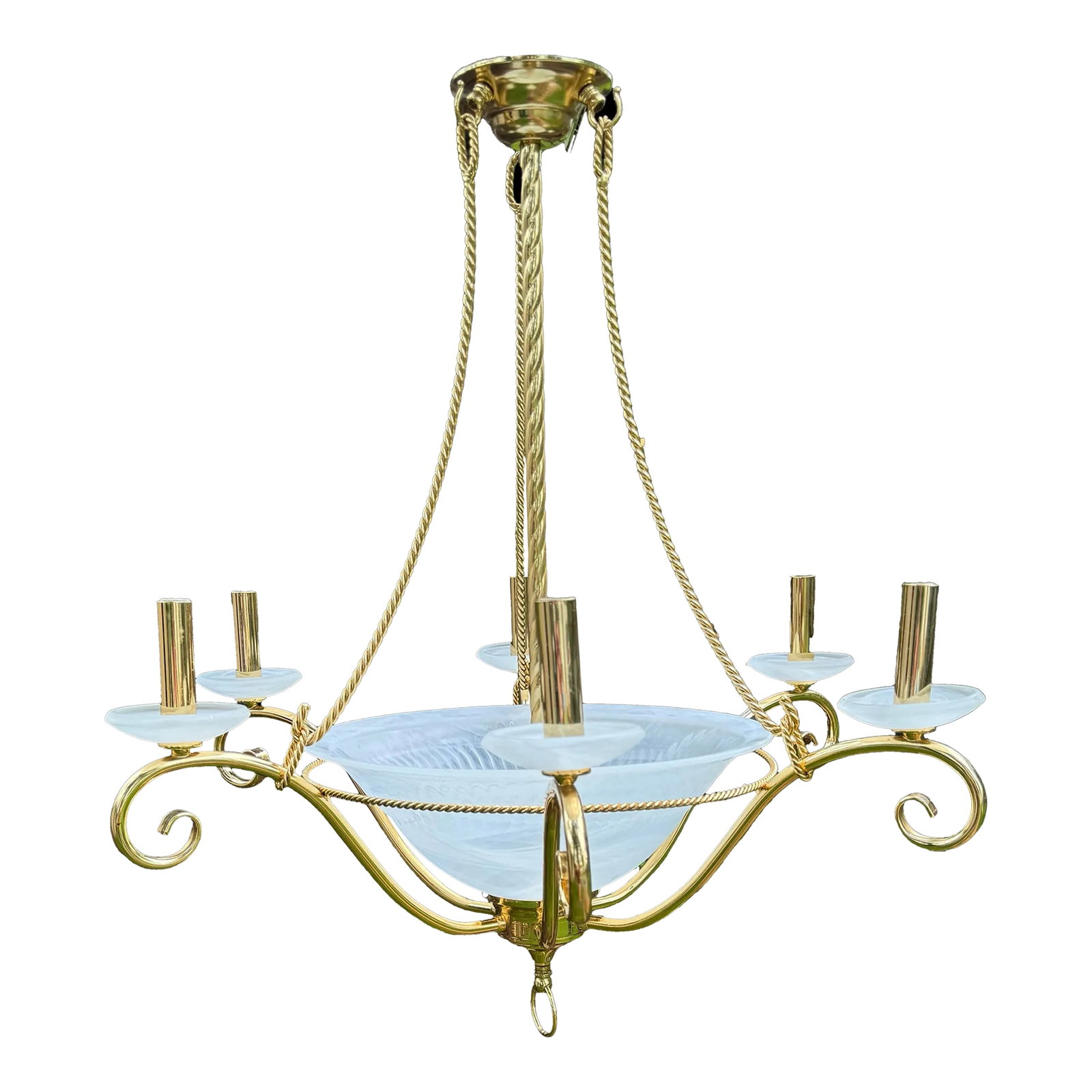 Italian Brass and White Glass Chandelier: Vintage Italian chandelier with twisted rope brass, six arms and white alabaster glass candle holders and bowl. Has a 16" chain drop. Condition: Alterations: Original Condition Unaltered Imperfections