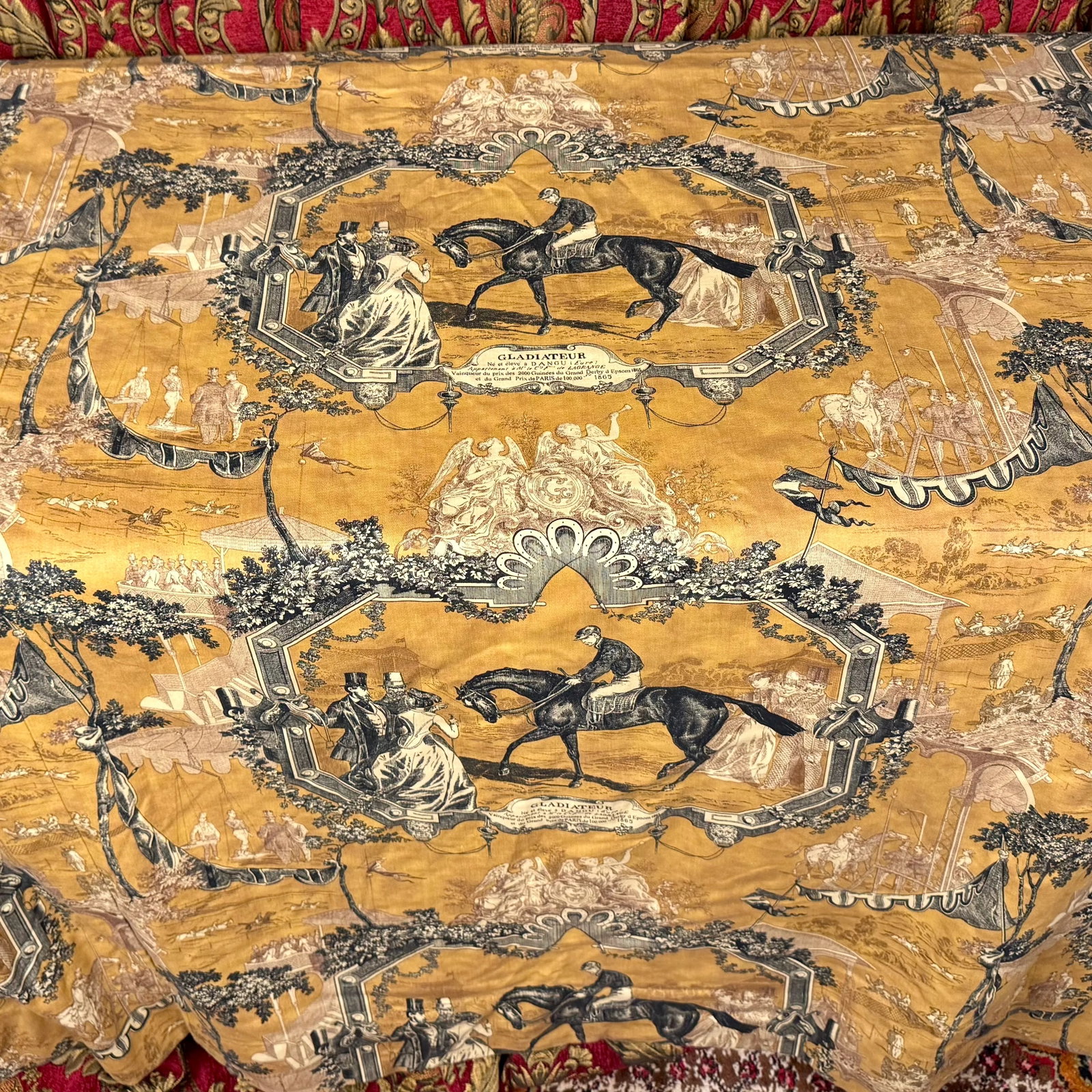 1970s Vintage French Racehorse Gladiateur Gold and Black Drapery Panels in Style of Lee Jofa - a Pai - 2