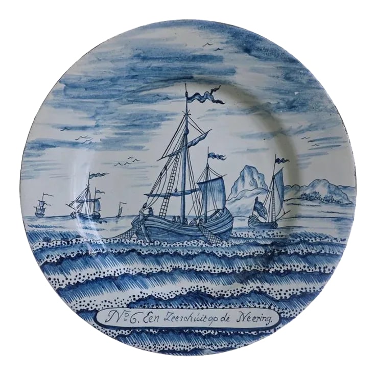 Antique Delft Plate Fishing Scene Dutch Delftware Porcelain Dish Axe Mark Delft: 18th C. Dutch Delft Herring Fishery Dish Blue White De Porceleyne Bijl Mark - circa 1750-1775, Delft, Netherlands. Decorated in blue over white with a charming, hand-painted herring fishing scene and 