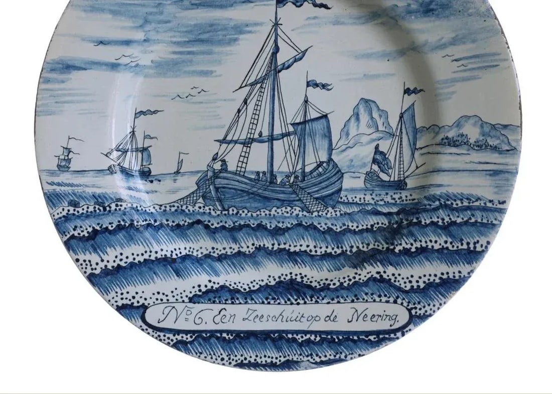 Antique Delft Plate Fishing Scene Dutch Delftware Porcelain Dish Axe Mark Delft - 2