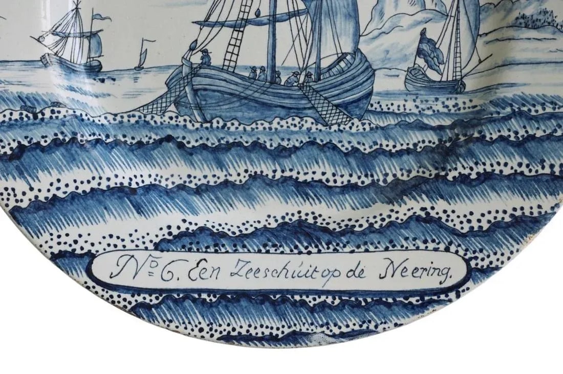 Antique Delft Plate Fishing Scene Dutch Delftware Porcelain Dish Axe Mark Delft - 3