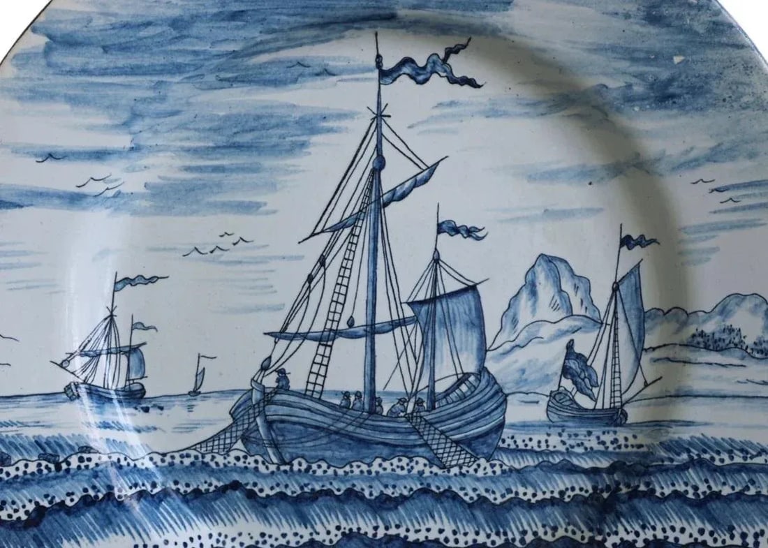 Antique Delft Plate Fishing Scene Dutch Delftware Porcelain Dish Axe Mark Delft - 4
