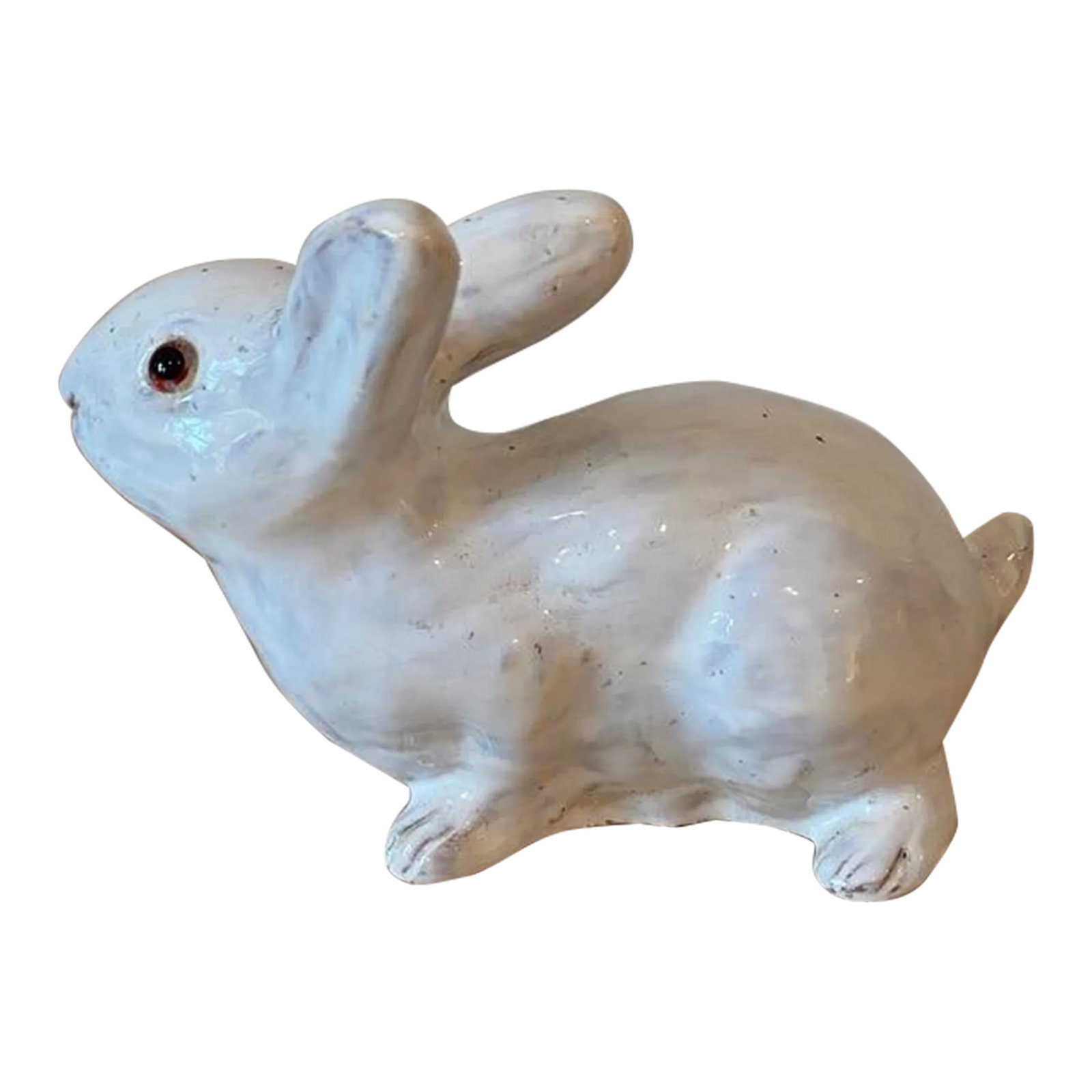 Vintage Faience Majolica French Bunny Rabbit: Gorgeous & Charming Vintage Faience Bunny Rabbit in a Sitting Position. Really beautiful details & glaze, including glass eyes. Measures: 7" Long (tail to nose) 3.50" Wide (back paw to paw) 4.25"