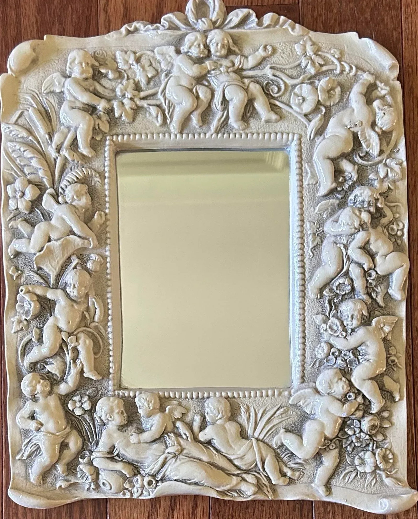 Vintage Small Mirror With Cherubs & Flowers Frame - 2