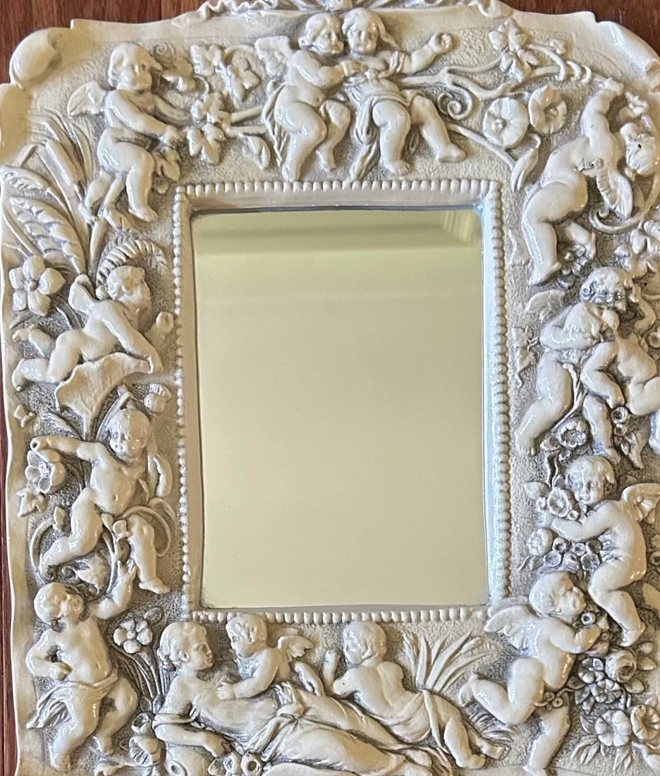 Vintage Small Mirror With Cherubs & Flowers Frame - 3