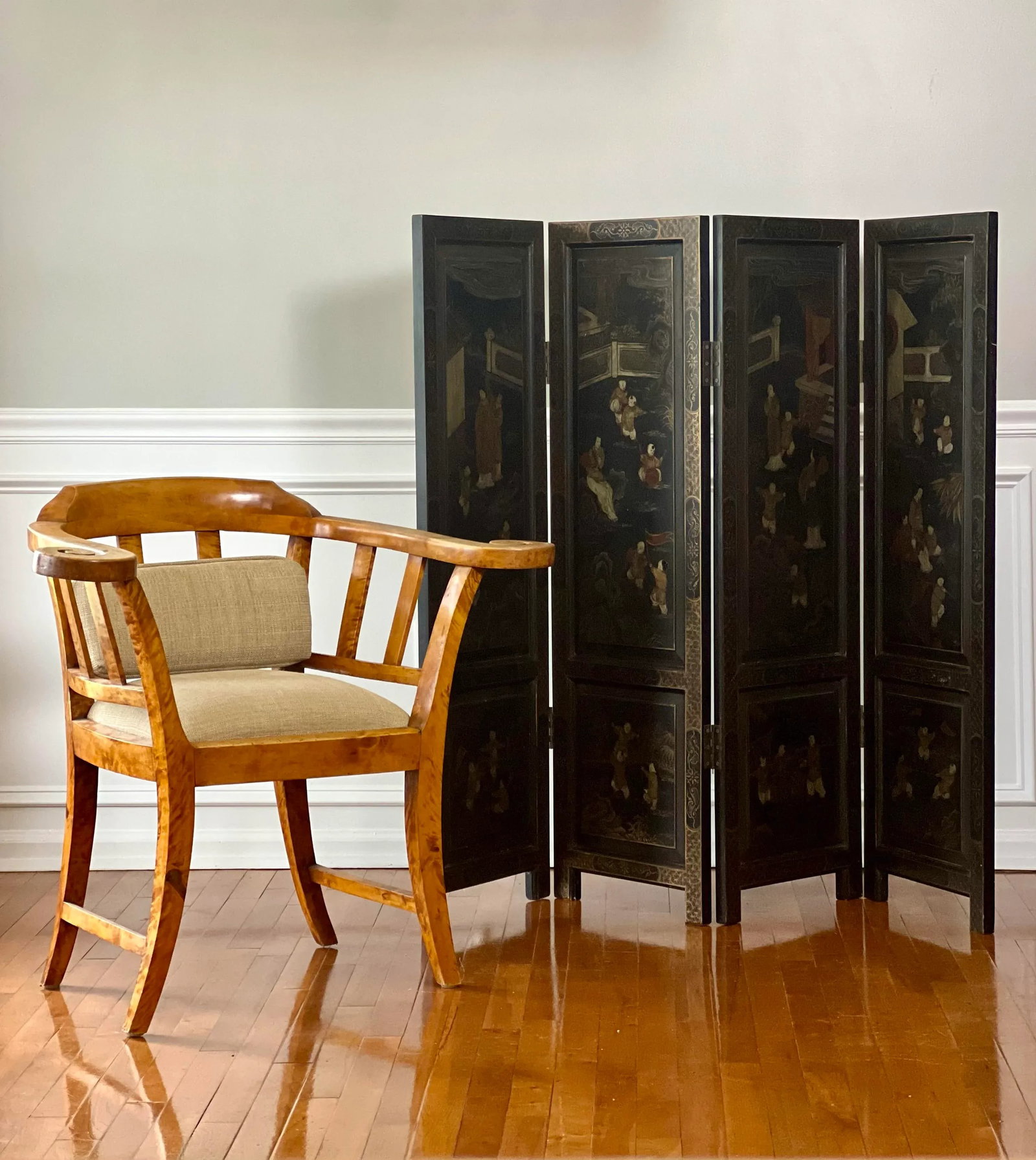 1920s Chinese Export Four Panel Lacquered Coromandel Dressing Screen Room Divider - 12