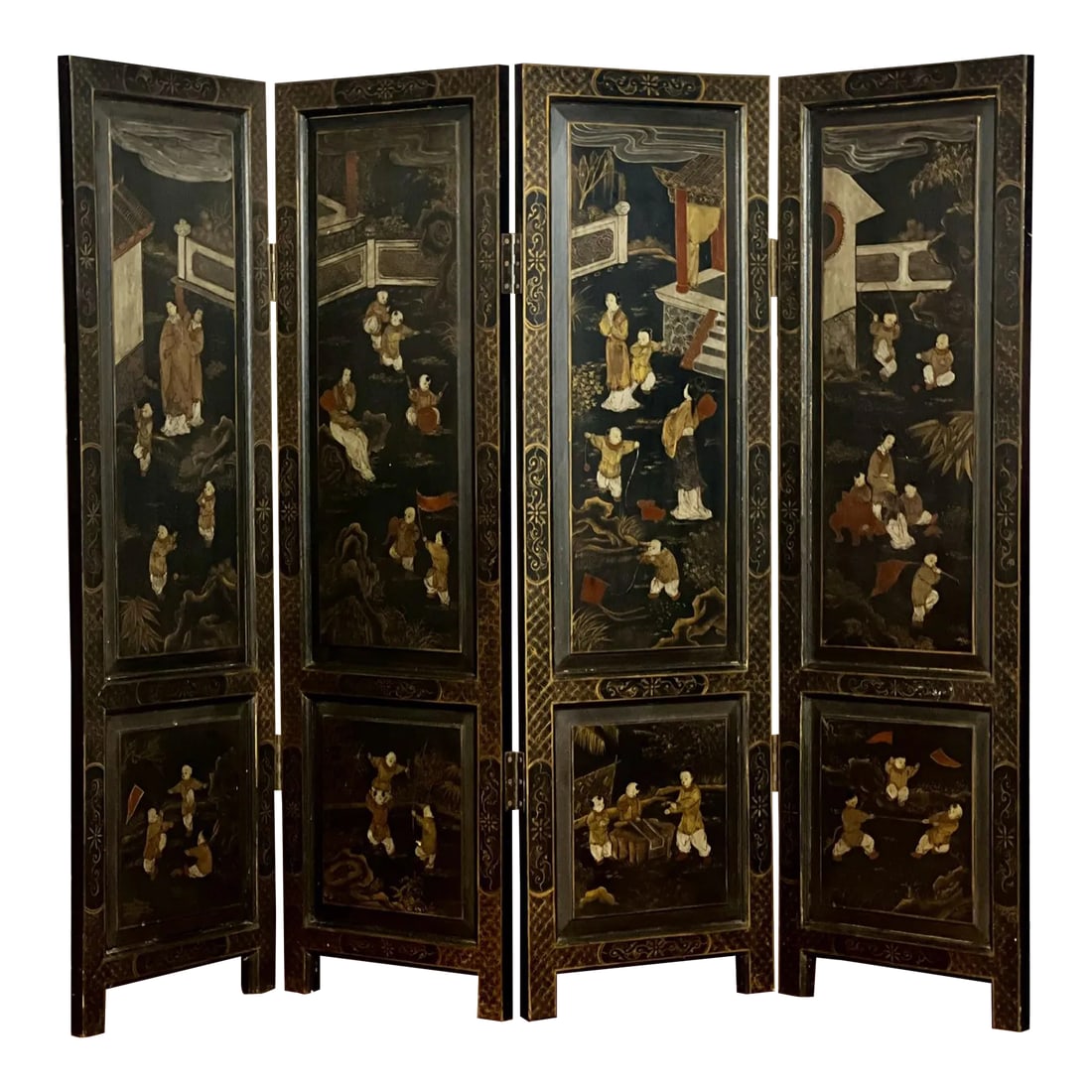 1920s Chinese Export Four Panel Lacquered Coromandel Dressing Screen Room Divider (1 of 12)