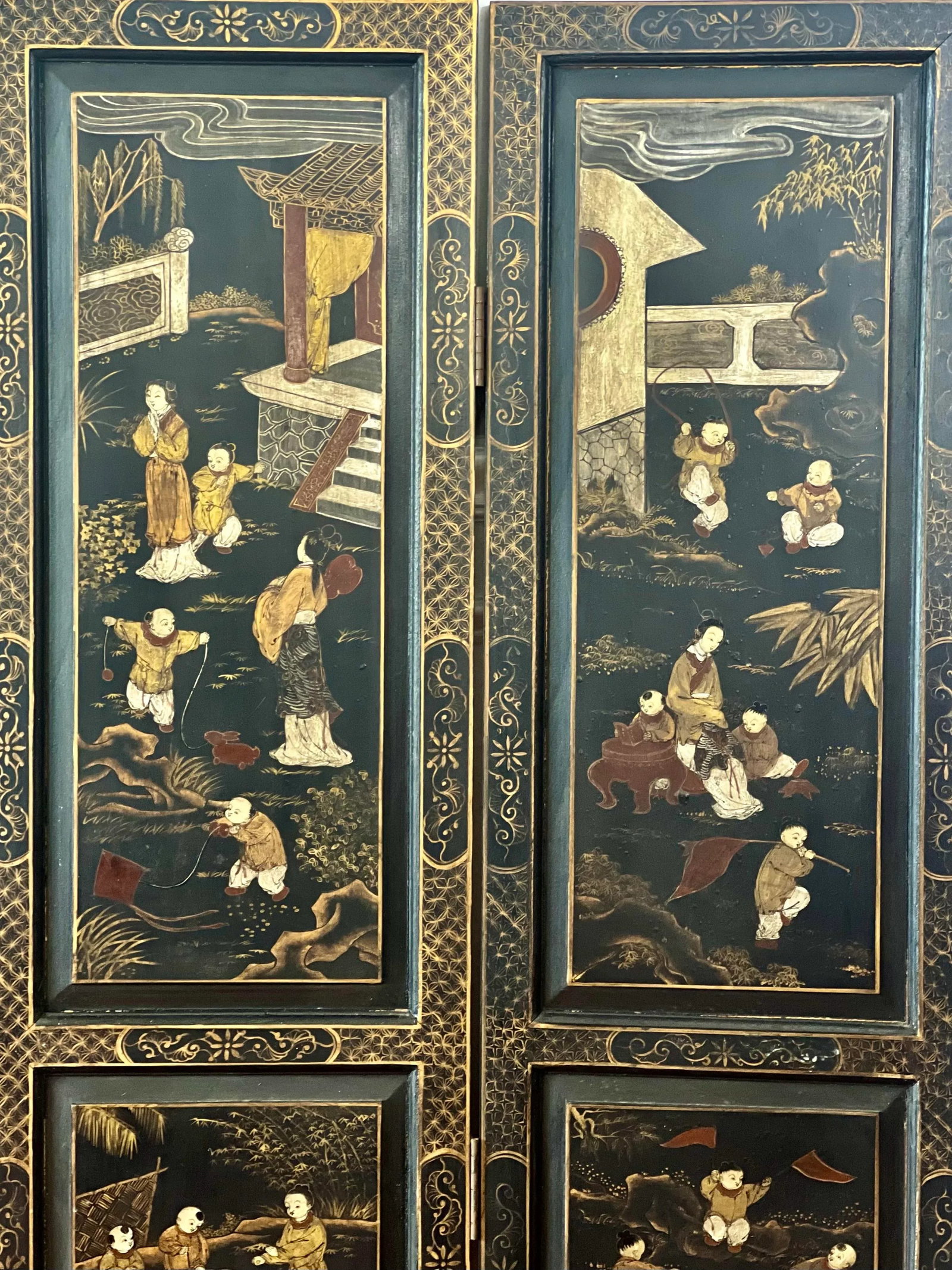 1920s Chinese Export Four Panel Lacquered Coromandel Dressing Screen Room Divider - 3