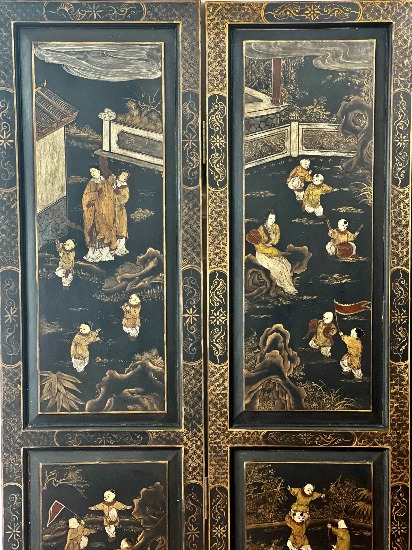1920s Chinese Export Four Panel Lacquered Coromandel Dressing Screen Room Divider - 4