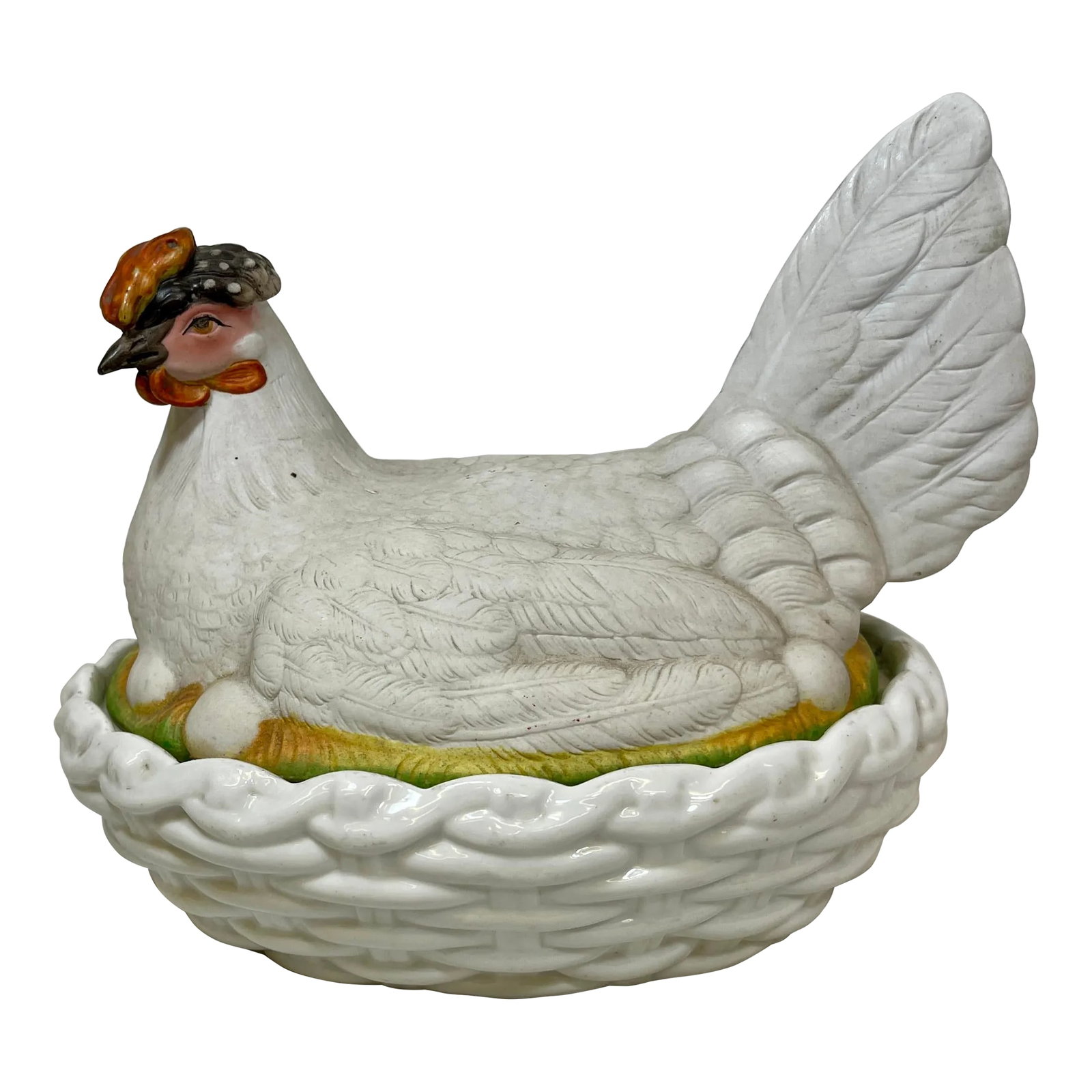 Antique 19th Century Staffordshire Porcelain Hen on a Basketweave Nest From England: Antique 19th Century Staffordshire Porcelain Hen on a Basketweave Nest From England. Wonderful covered dish in the shape of a mother hen resting gently on her eggs in a white basketweave nest.