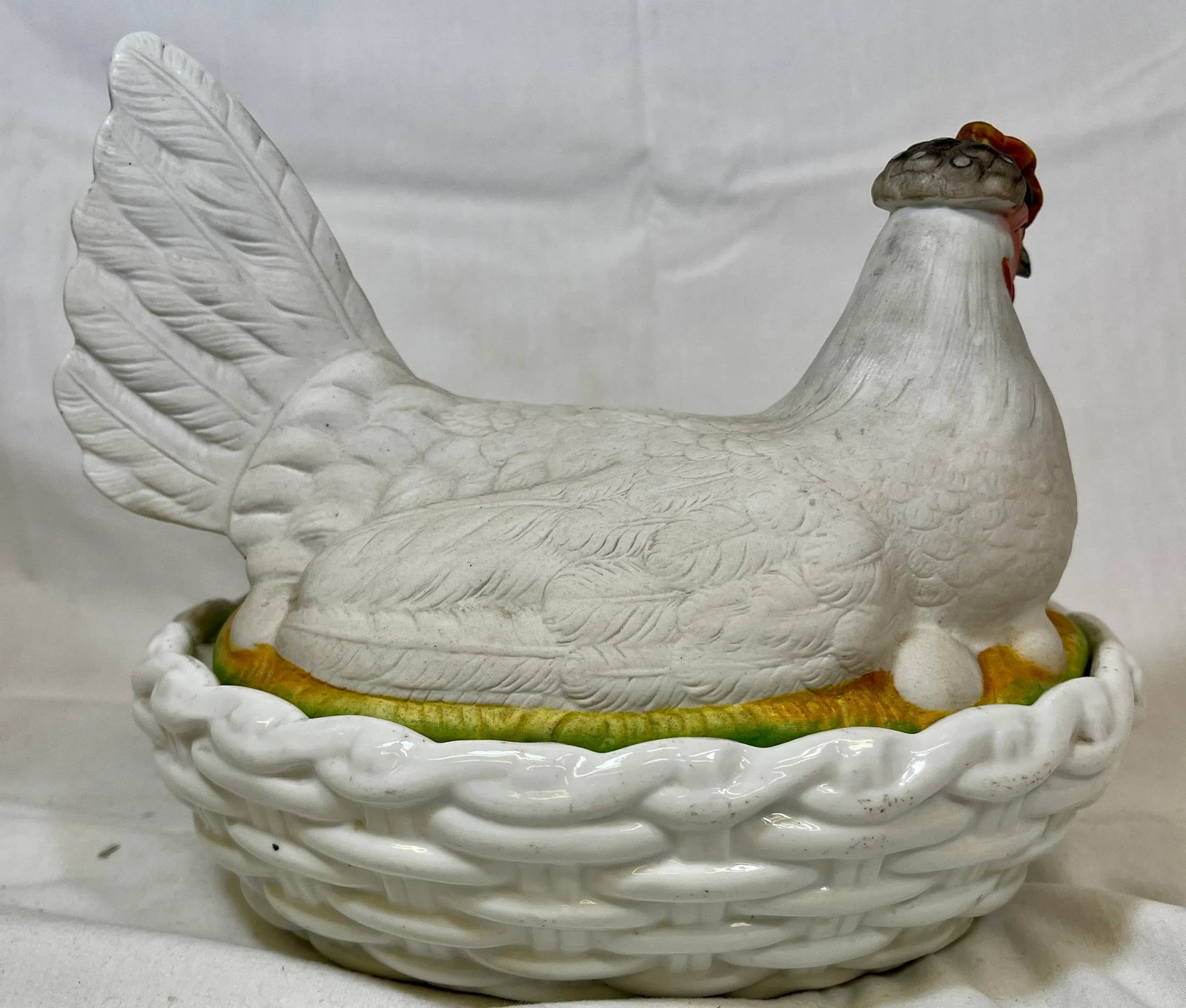 Antique 19th Century Staffordshire Porcelain Hen on a Basketweave Nest From England - 6