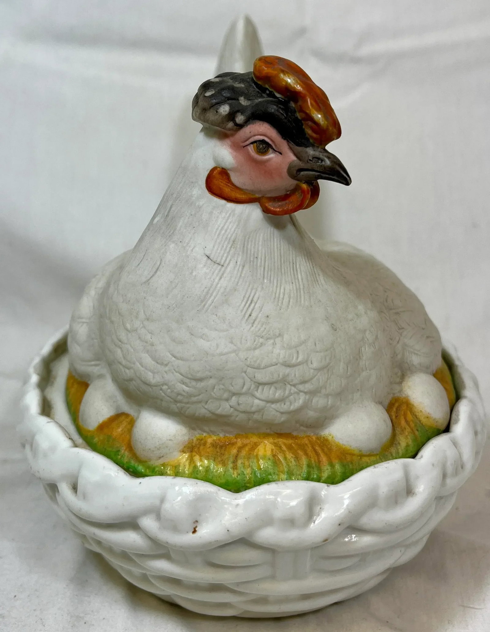 Antique 19th Century Staffordshire Porcelain Hen on a Basketweave Nest From England - 7